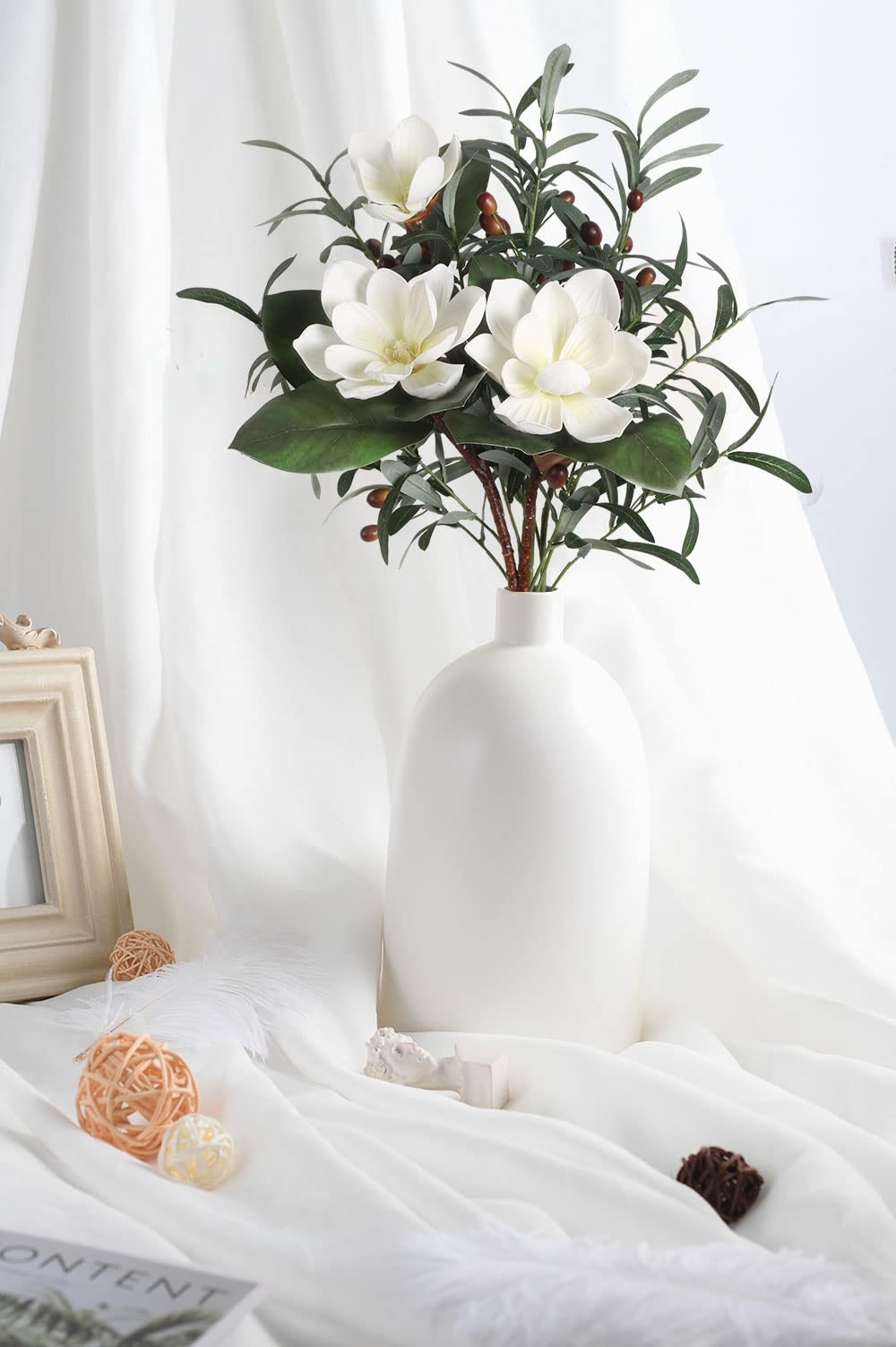 White Silk Magnolia Flowers with Olive Branches for Vases Real Touch White Fl…