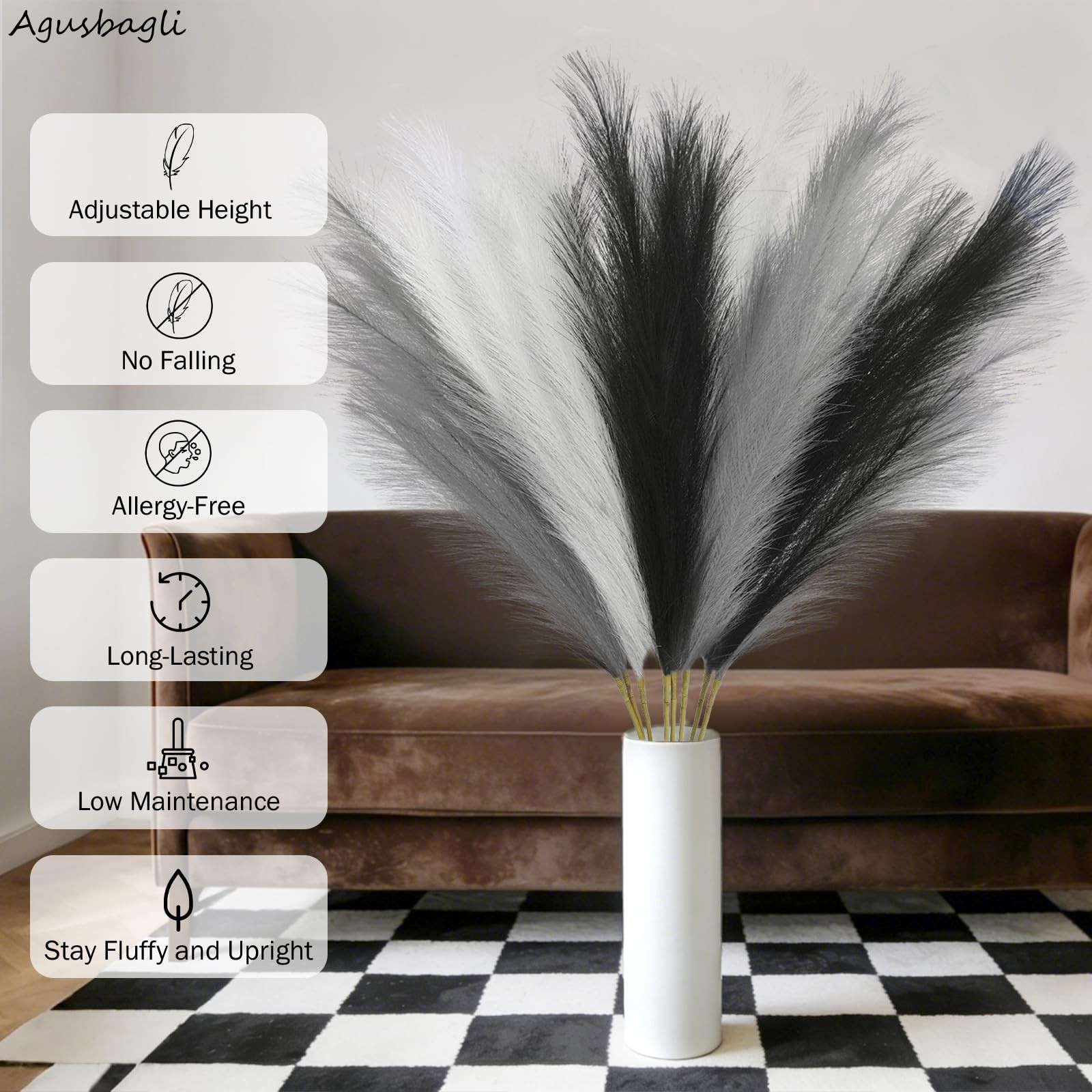 8 Pcs Black Faux Pampas Grass Decor 35“ Fluffy Tall Artificial Colored Pampas…