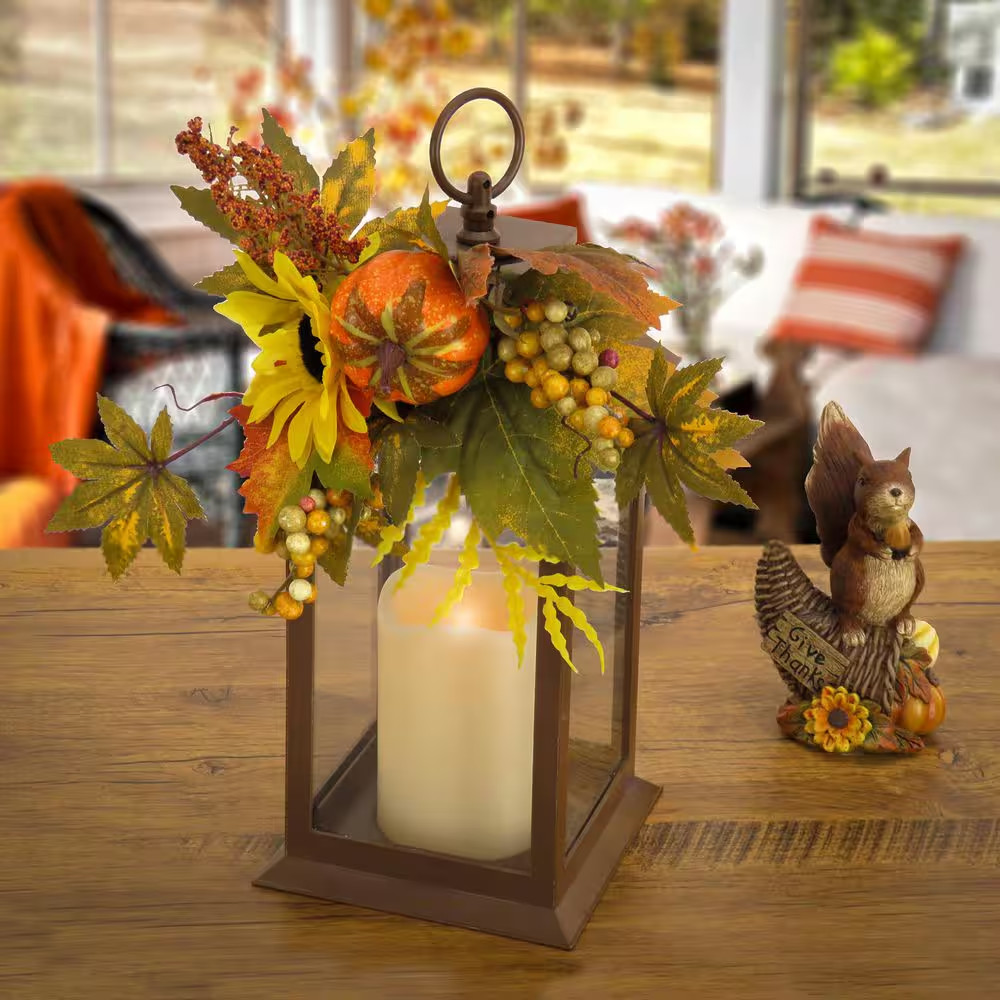 14″ Harvest Lantern with Sunflowers & Pumpkins – Lighted Fall Tabletop Decoratio