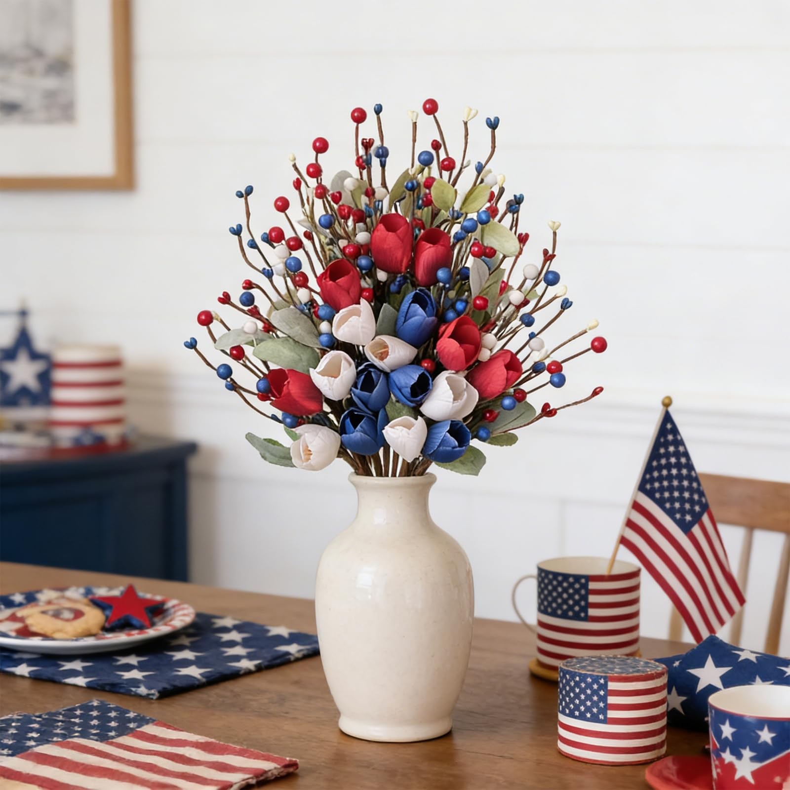 6 Pcs Patriotic Floral Stems with Sage Lamb’s Ear, Red White Blue Berries & T…