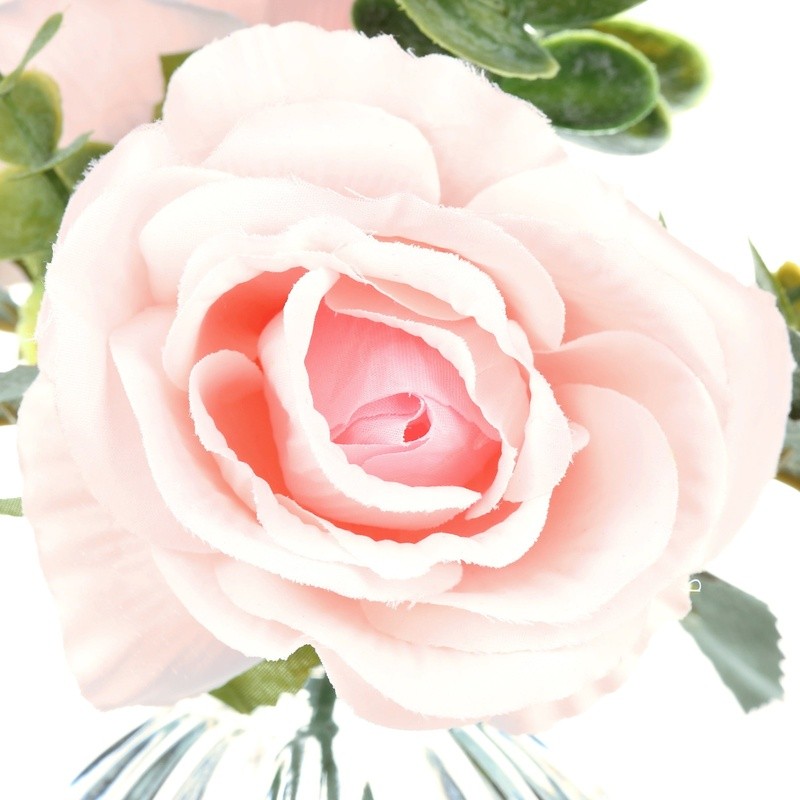 Tabletop Faux Rose Floral Arrangement in Clear Glass Vase W/ Faux Water New