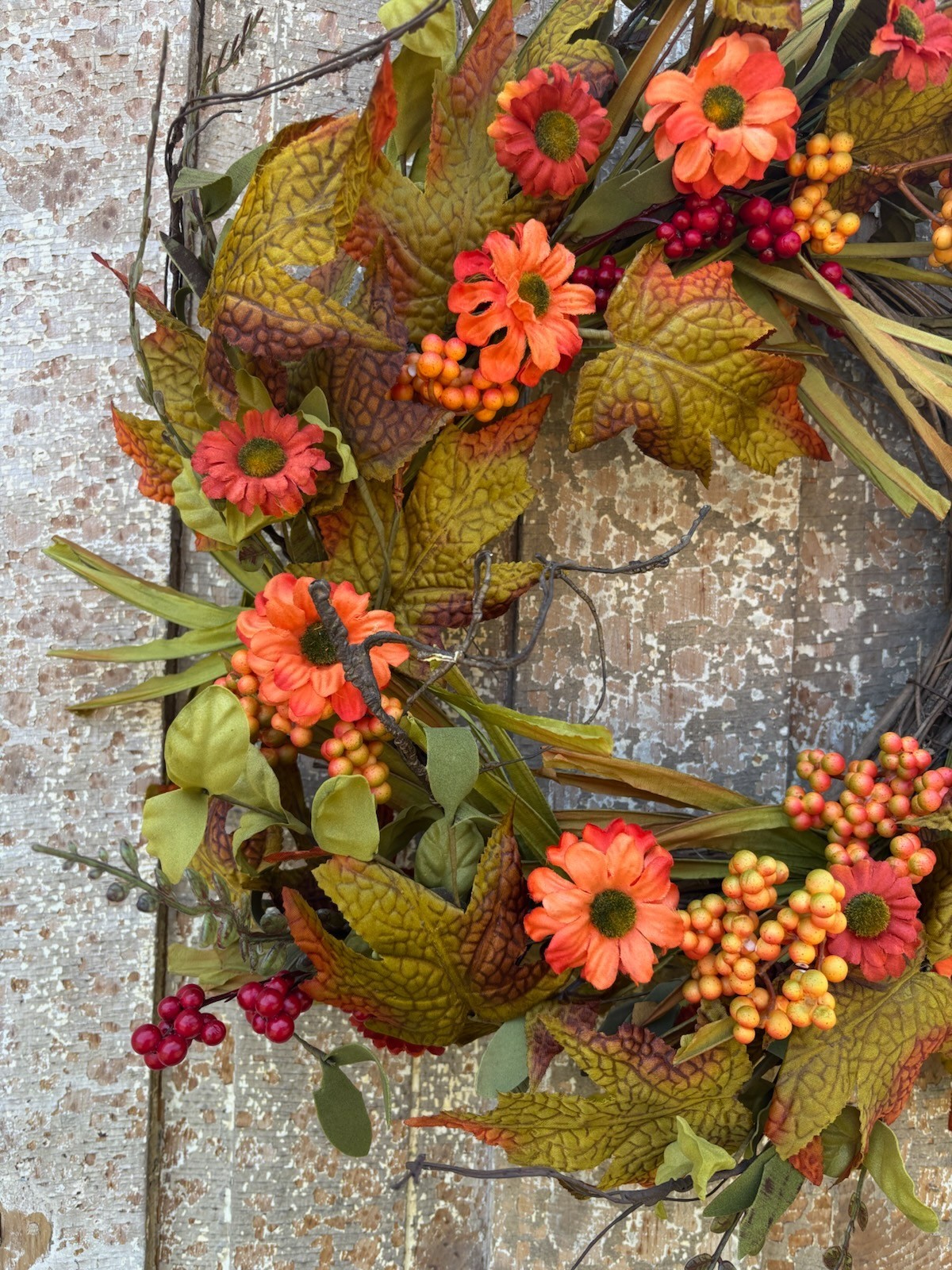 New Primitive Farmhouse Rustic ORANGE DAISY BERRY WREATH Fall Fern Leaves