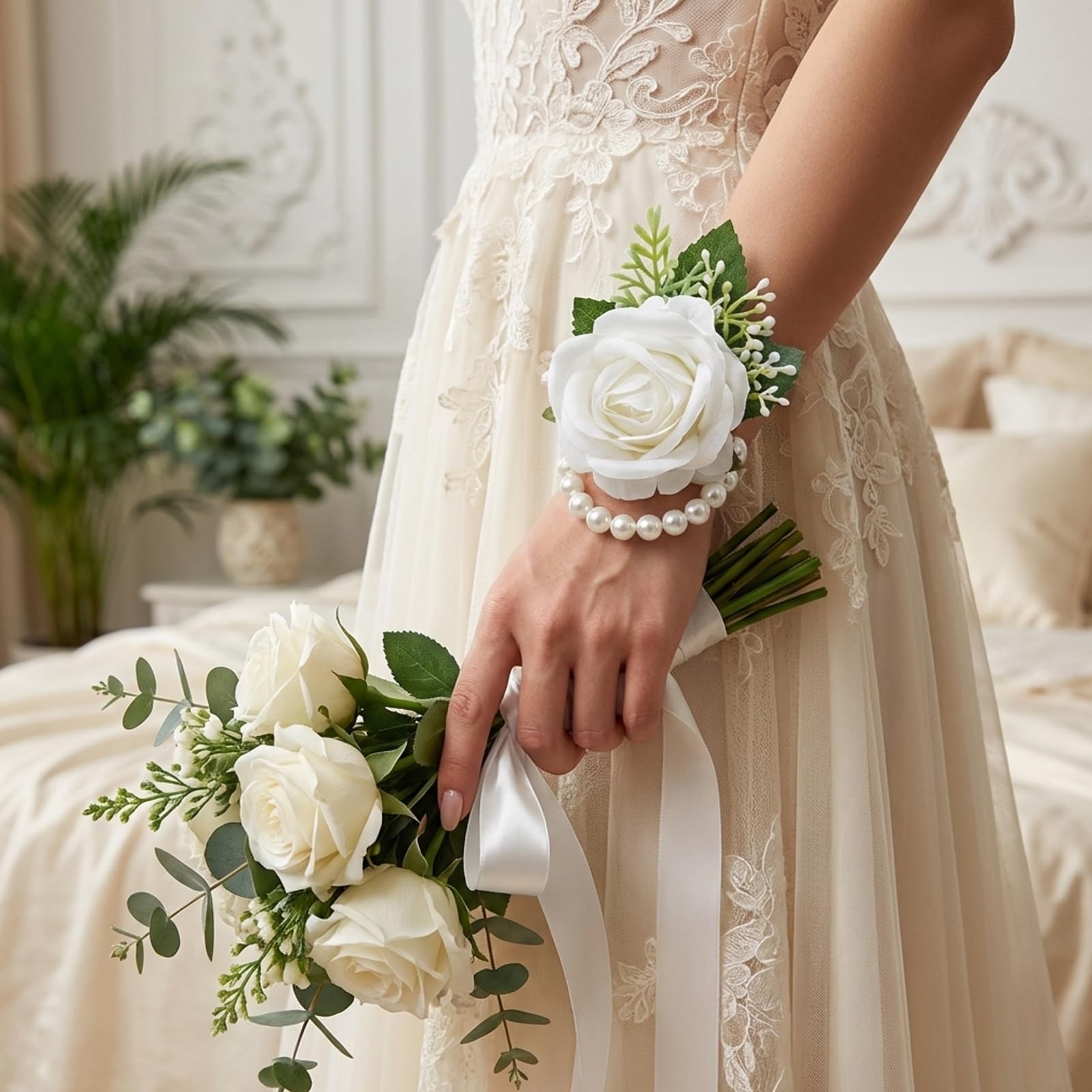 4-Piece Wrist Corsage and Boutonniere Wedding Set,Corsage and Boutonniere Set…
