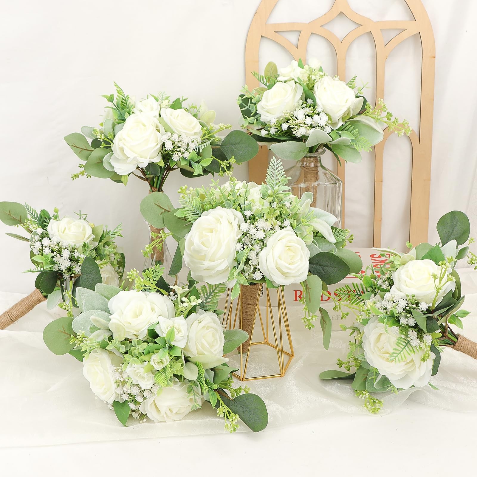 Bridesmaids Bouquets Set of 6 Ivory White Artificial Flowers 7 Inch Bridesmai…