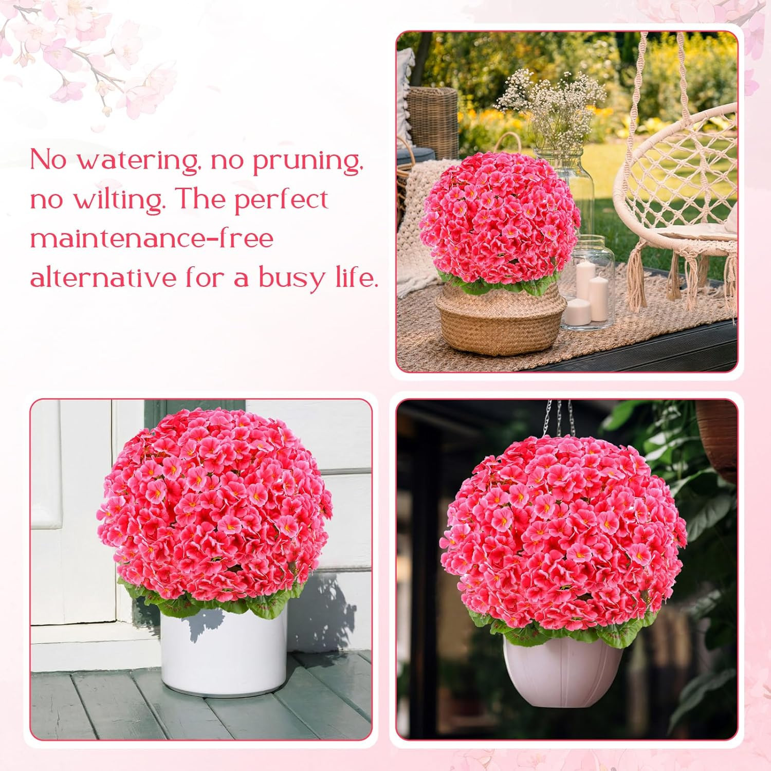 2 Pack 20″ Pink Artificial Geraniums for Outdoor & Indoor Decor