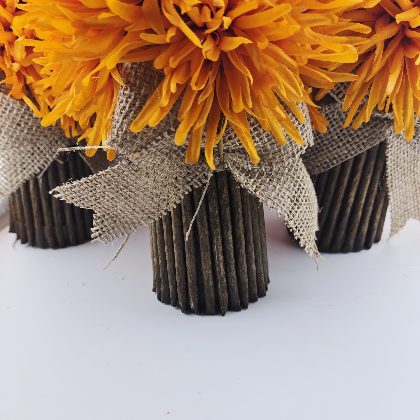 Orange Mum Artificial Floral Arrangement Lot of 6 Natural Vase 9″