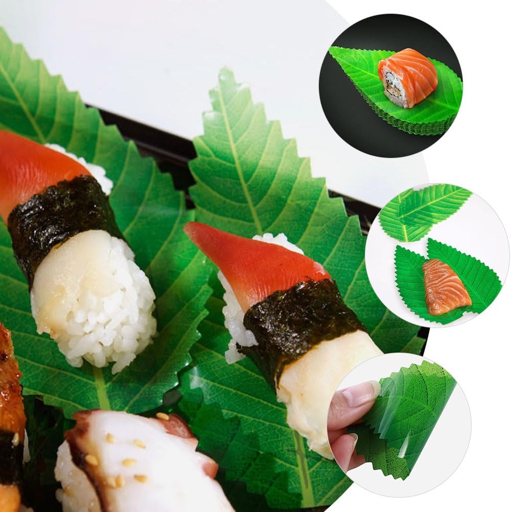 200Pcs Sushi Decorative Leaves Reusable Artificial Green Leaf Sushi Dish Deco…
