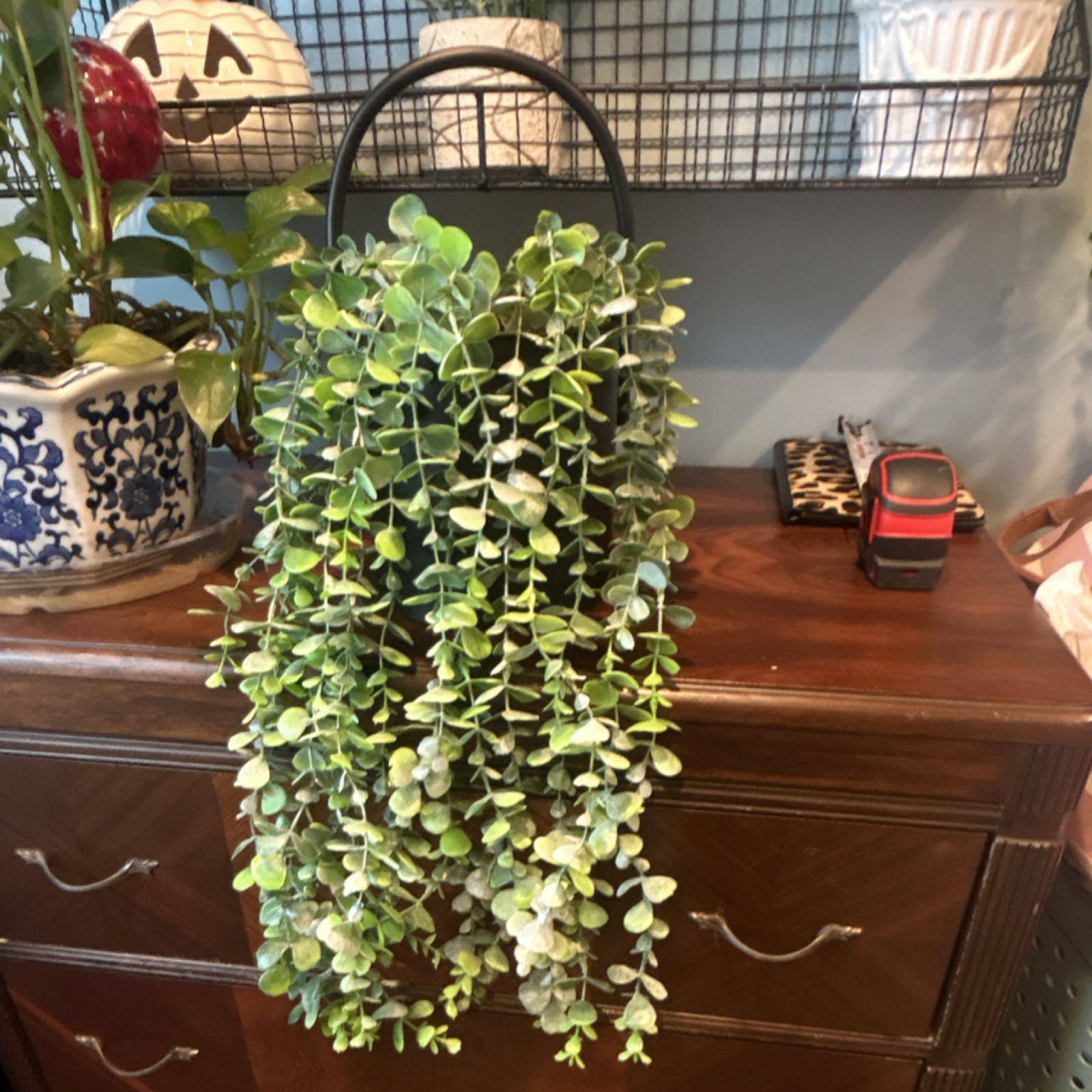 Artificial Green Eucalyptus Hanging Vine Wall Decor in Metal Basket