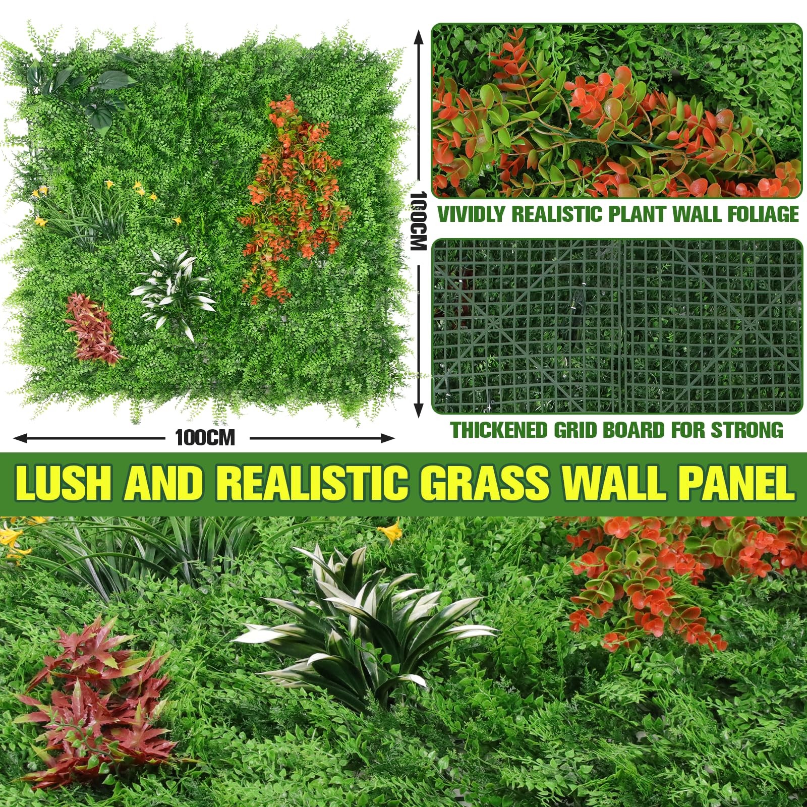 3Pcs 1x1m PE Artificial Grass Wall Panel Purple Flower Mixed Foliage Home Garde