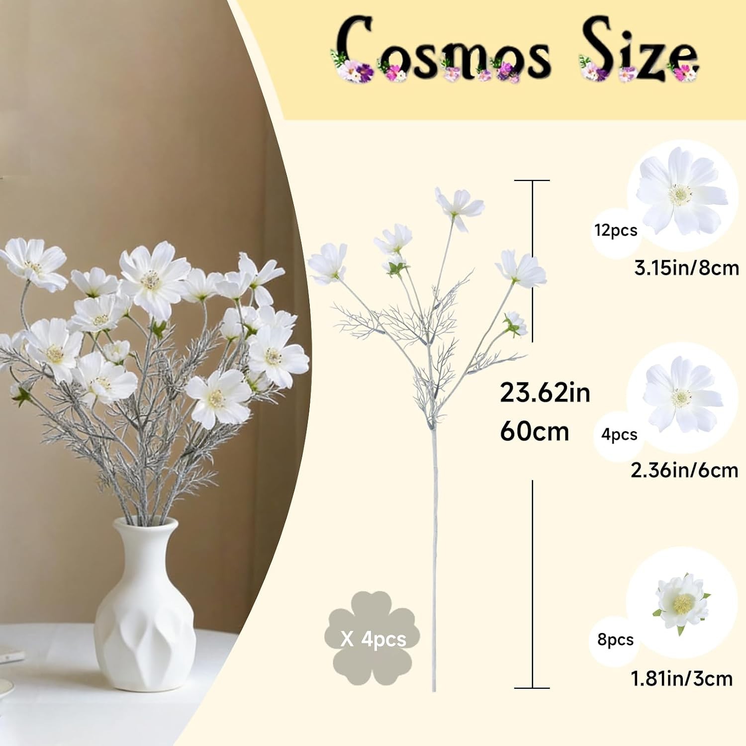 4 Pcs 24″ Tall Artificial Cosmos, Silk Flocked Bendable Stems Vase Decor