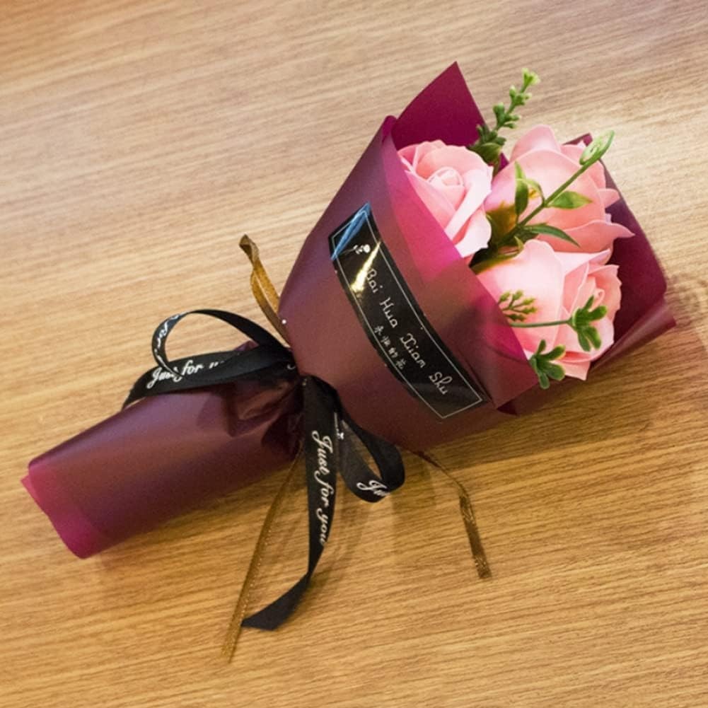 Light Pink 3 Heads Artificial Rose Bouquet Soap Flower Petals Valentine Day G…