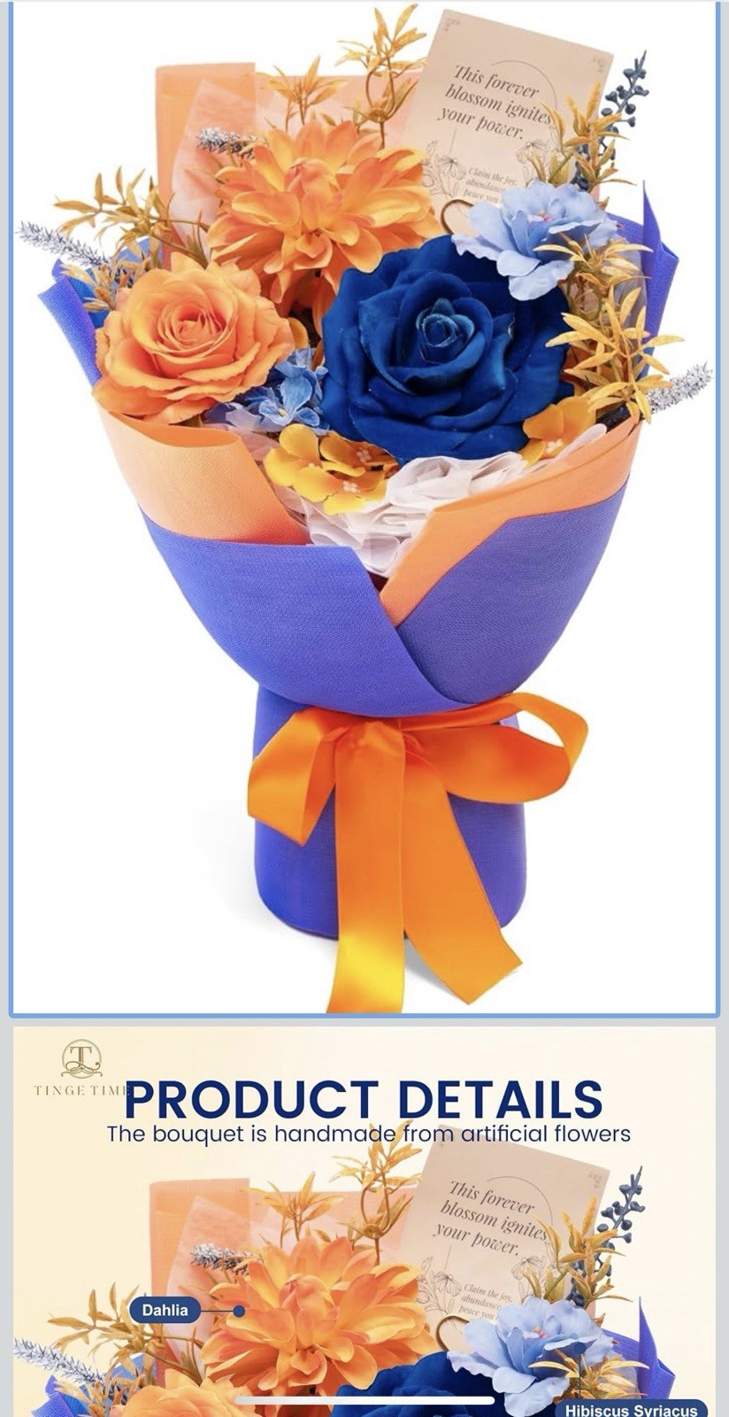 TINGE TIME Artificial Rose, Dahlia & Hibiscus Bouquet Blue Orange 16 in