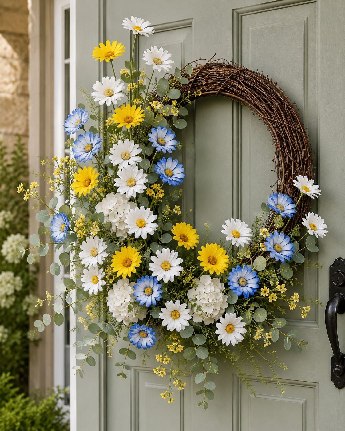 Mixed Color Artificial Daisy Stems Set of 7, Blue White Yellow Faux Silk Flowers