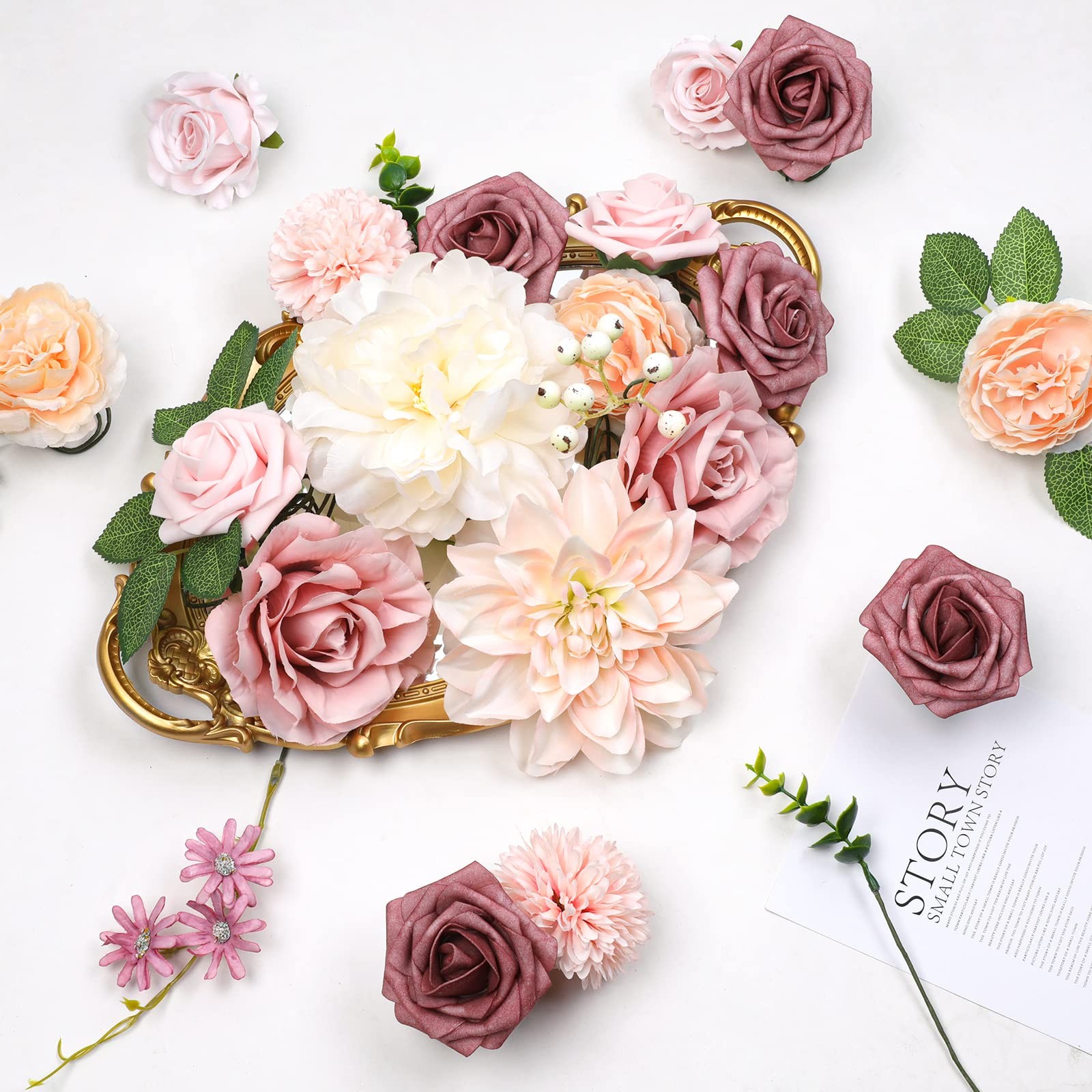 Blush Champagne Artificial Flowers Combo Silk Mix Peony Rose Fake Flowers w/S…