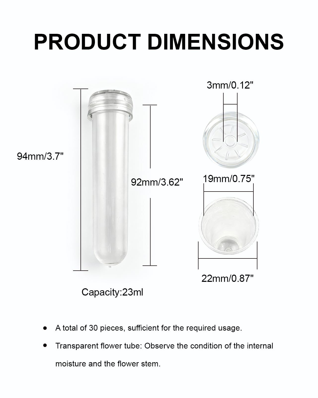 30 Pack 3.7 In 23ml Plastic Floral Single Flower Water Tubes Caps Vials Set