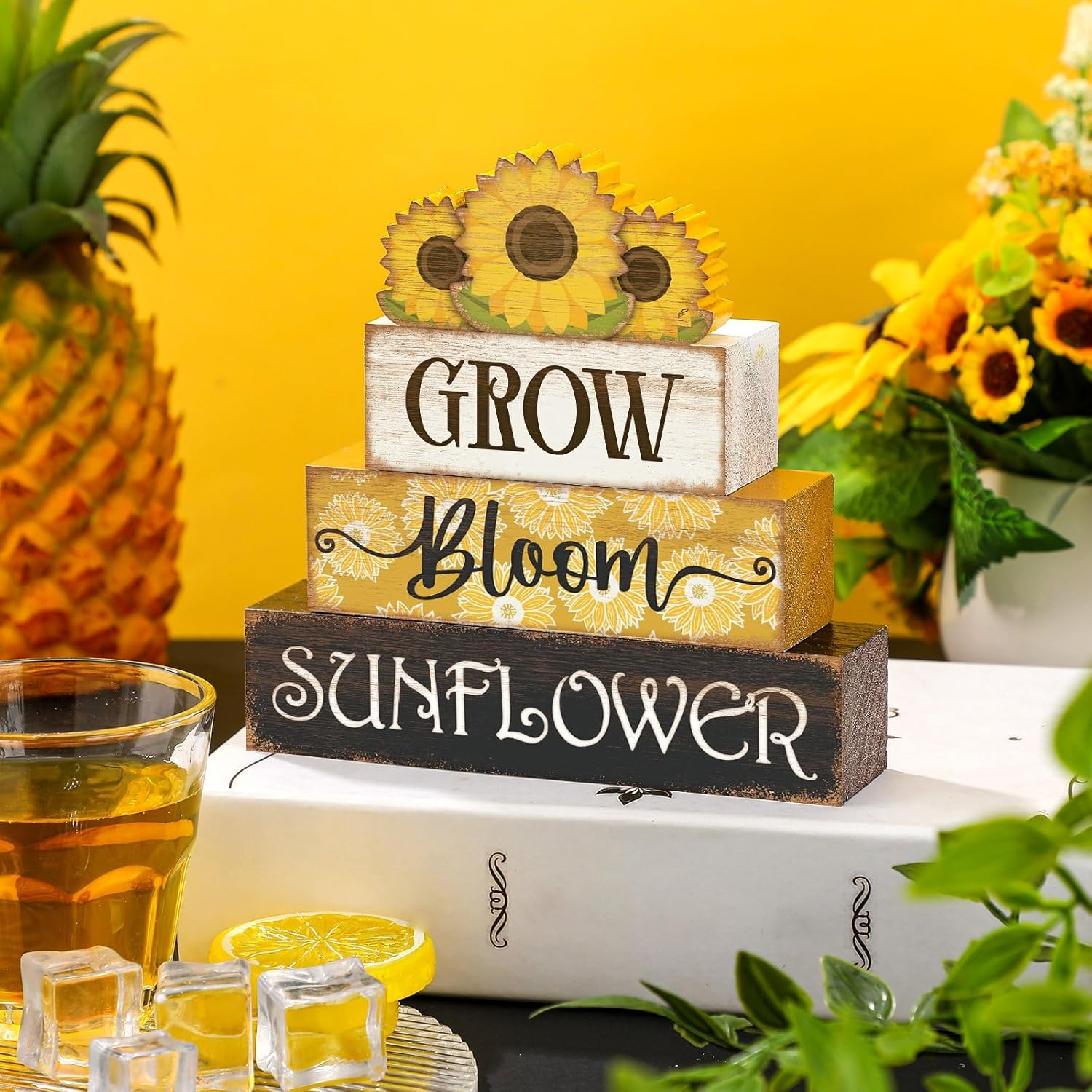 Sunflower Tiered Tray Decor Set Summer Wooden Sign Book Stack 4pc