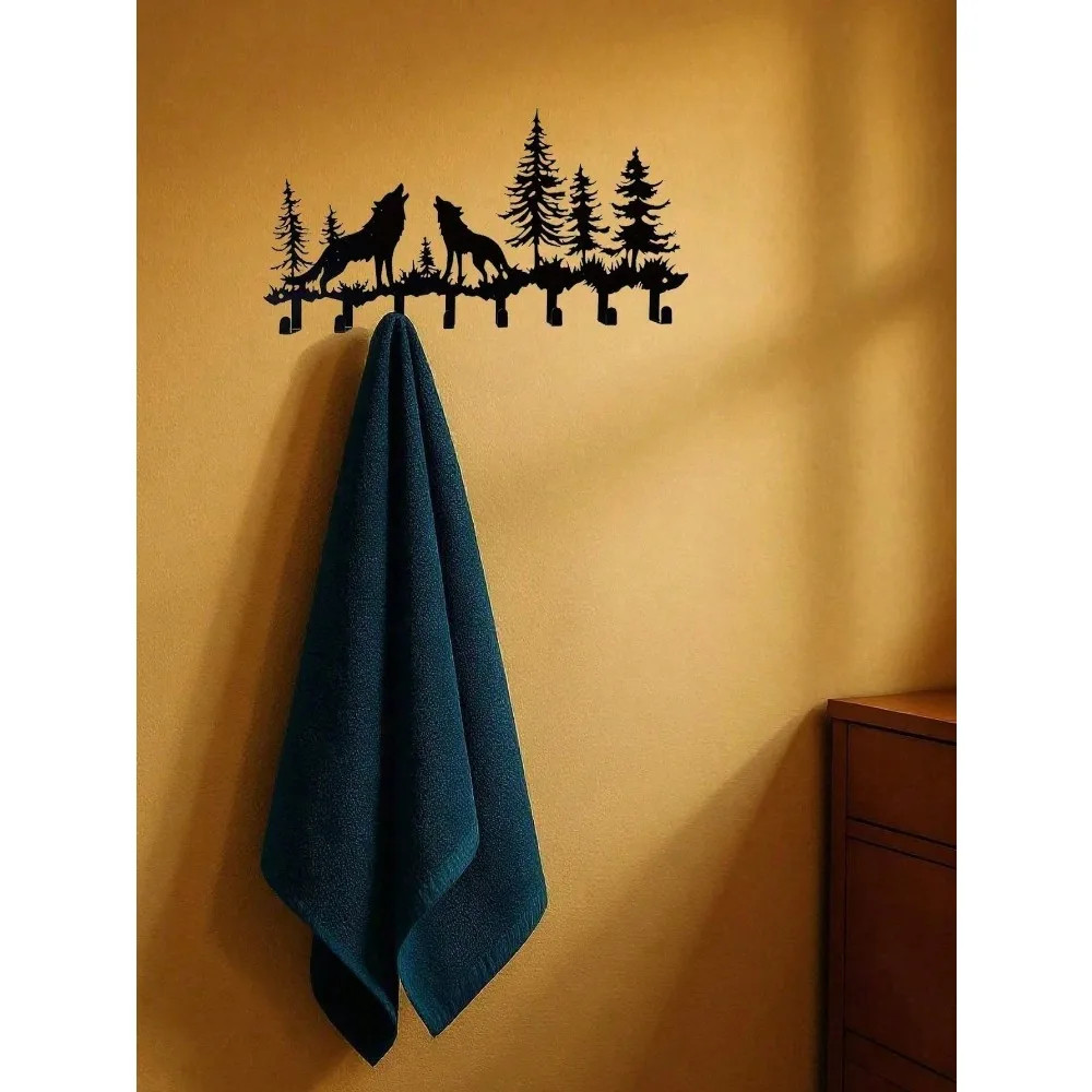 Wolf-Themed 8-Hook Wooden Key Holder – Wall Mounted Entryway Coat Rack Organizer