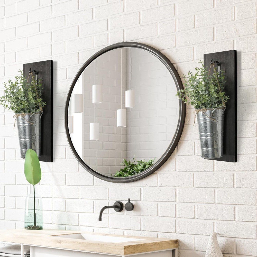 Set of 2 Wood Hanging Planters with Artificial Eucalyptus, Wall Decor