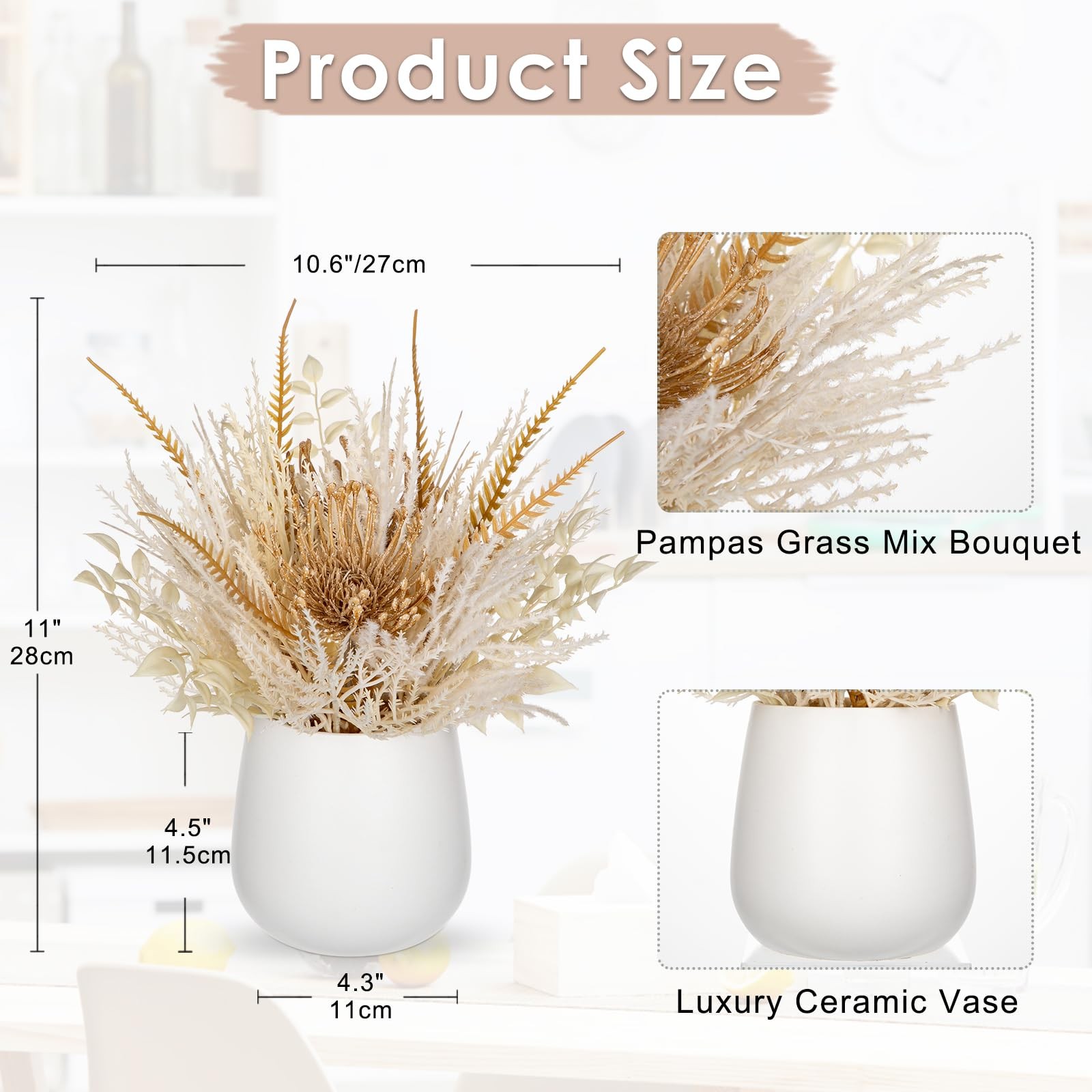 Faux Pampas Grass with Vase, Artificial Pampas Grass Flowers Bouquet Plant Fl…