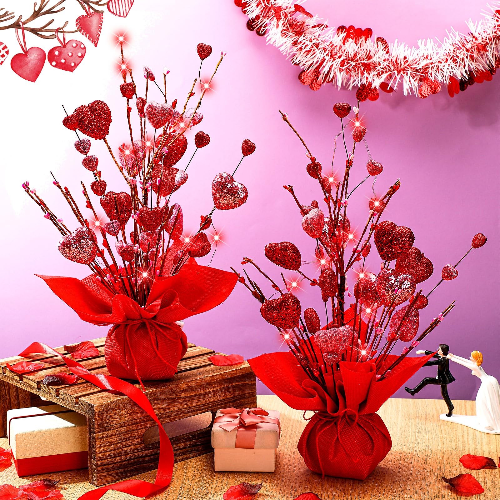 2 Pack Valentines Heart Table Tree Decorations 18 Inch LED Light up Artificia…
