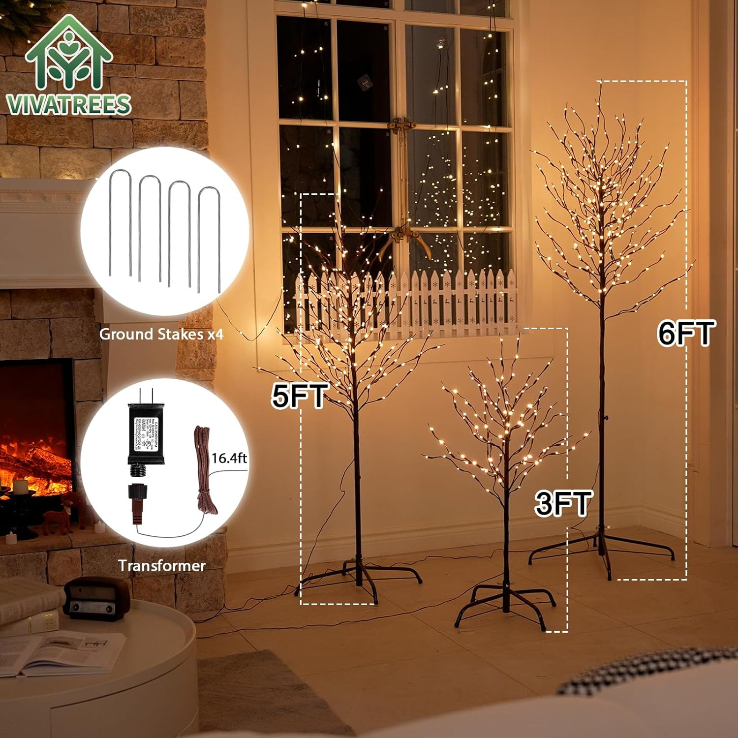 Twinkling Twig Trees Set – 3Ft, 5Ft, 6Ft with Warm White Lights for Decor