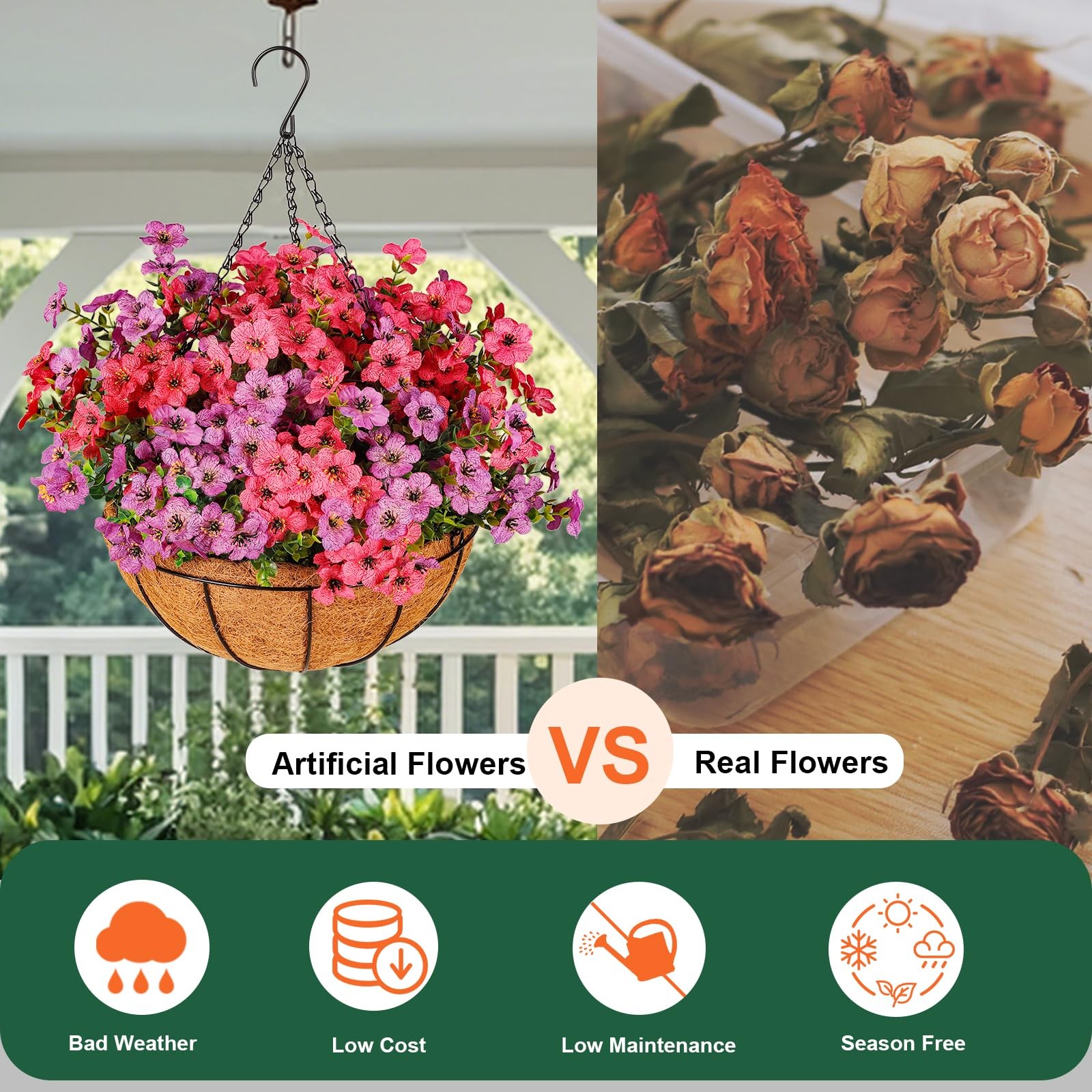 Artificial Faux Flowers with Hanging Basket for Outdoor Spring Summer Decorat…