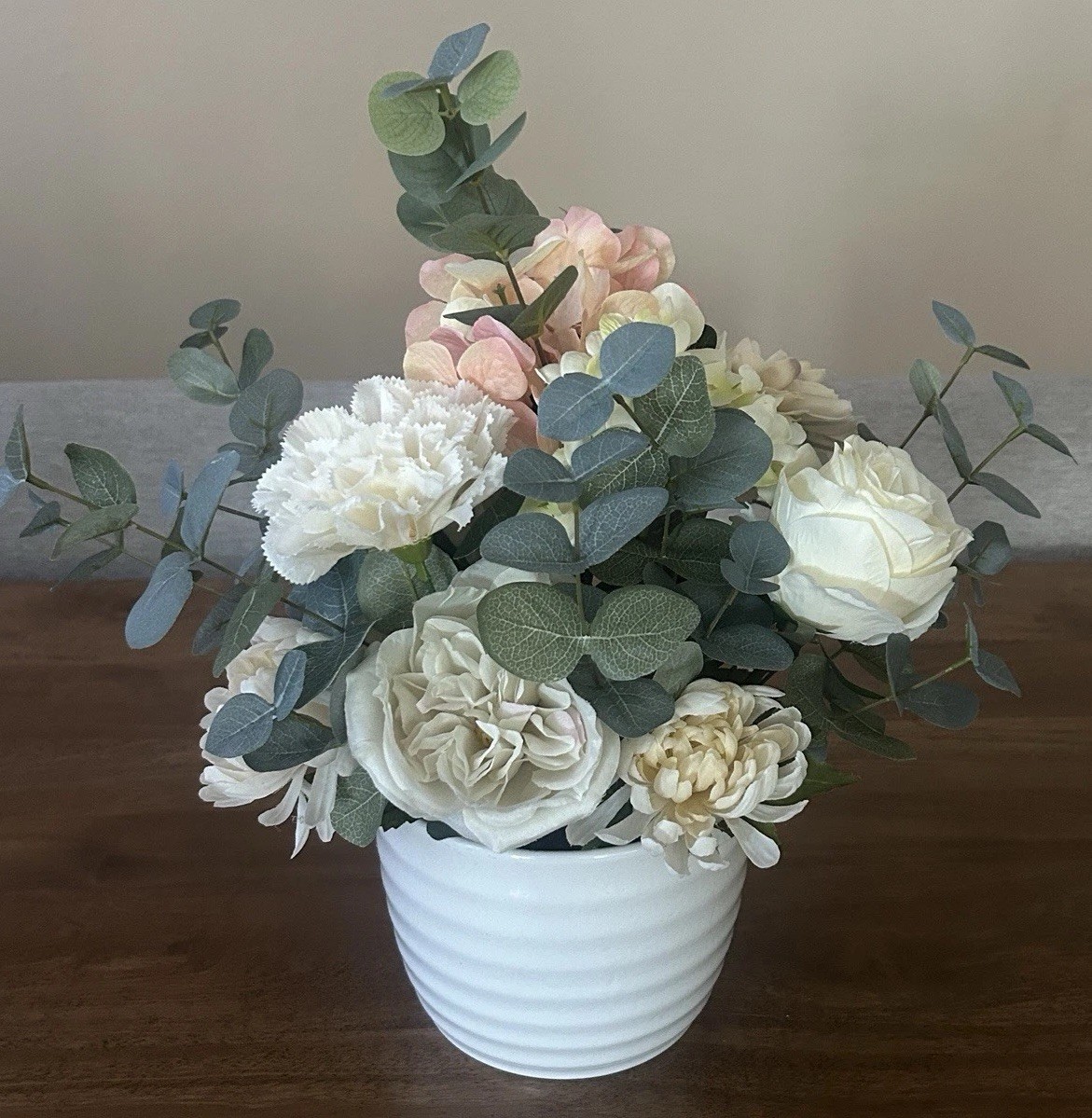 Artificial Faux Flowers Floral Arrangement With White Ribbed Vase Centerpiece