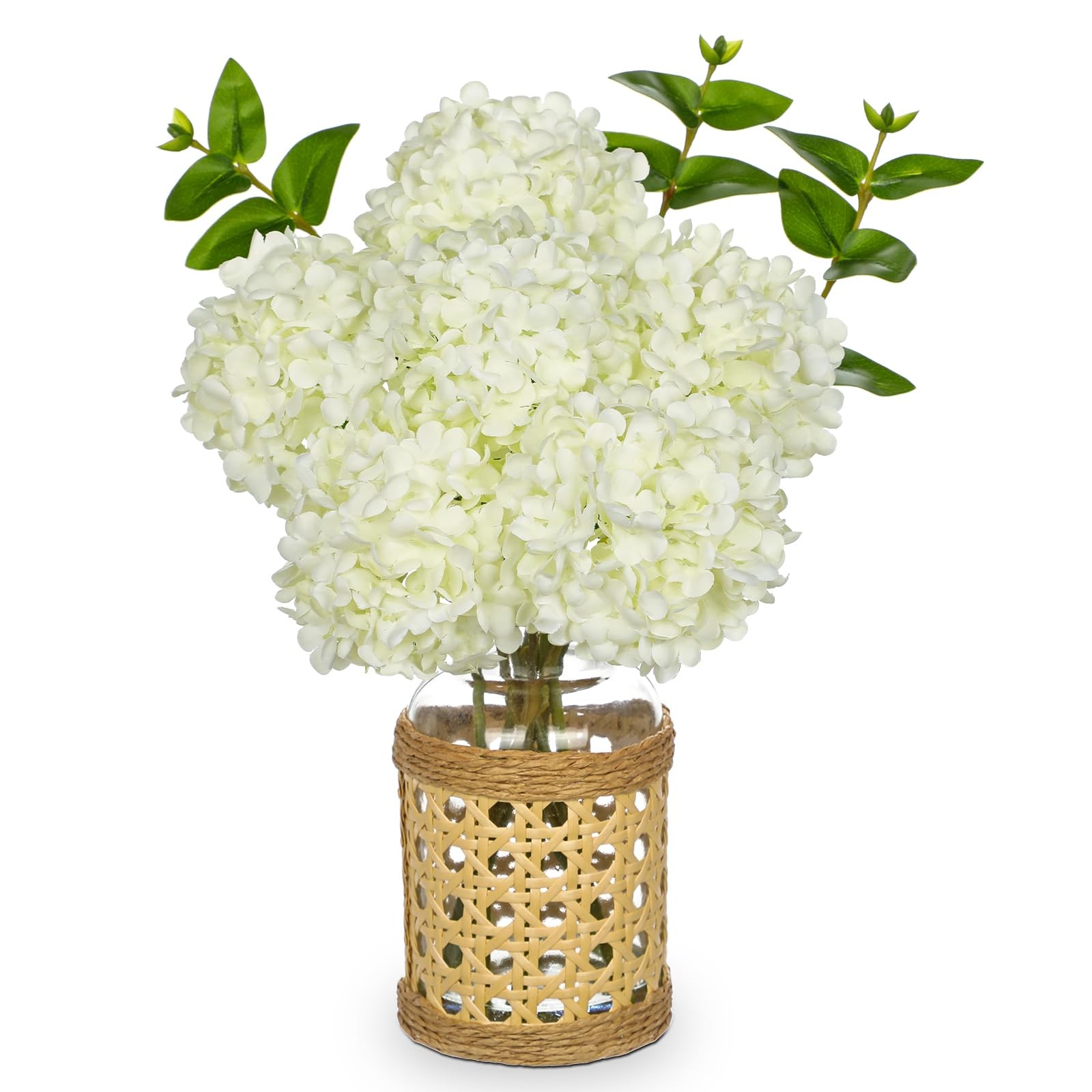 White Hydrangea Artificial Flowers in Woven Glass Vase with Faux Water Silk H…