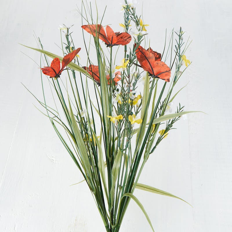 Set of 2 Whispy Artificial Orange Butterfly & Grass 18″ Bushes