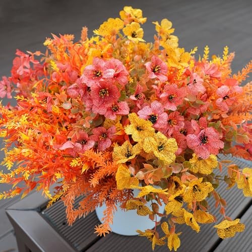 Artificial Fall Flowers for Outdoor, 16 Bundles Fake Fall Yellow Light Orange