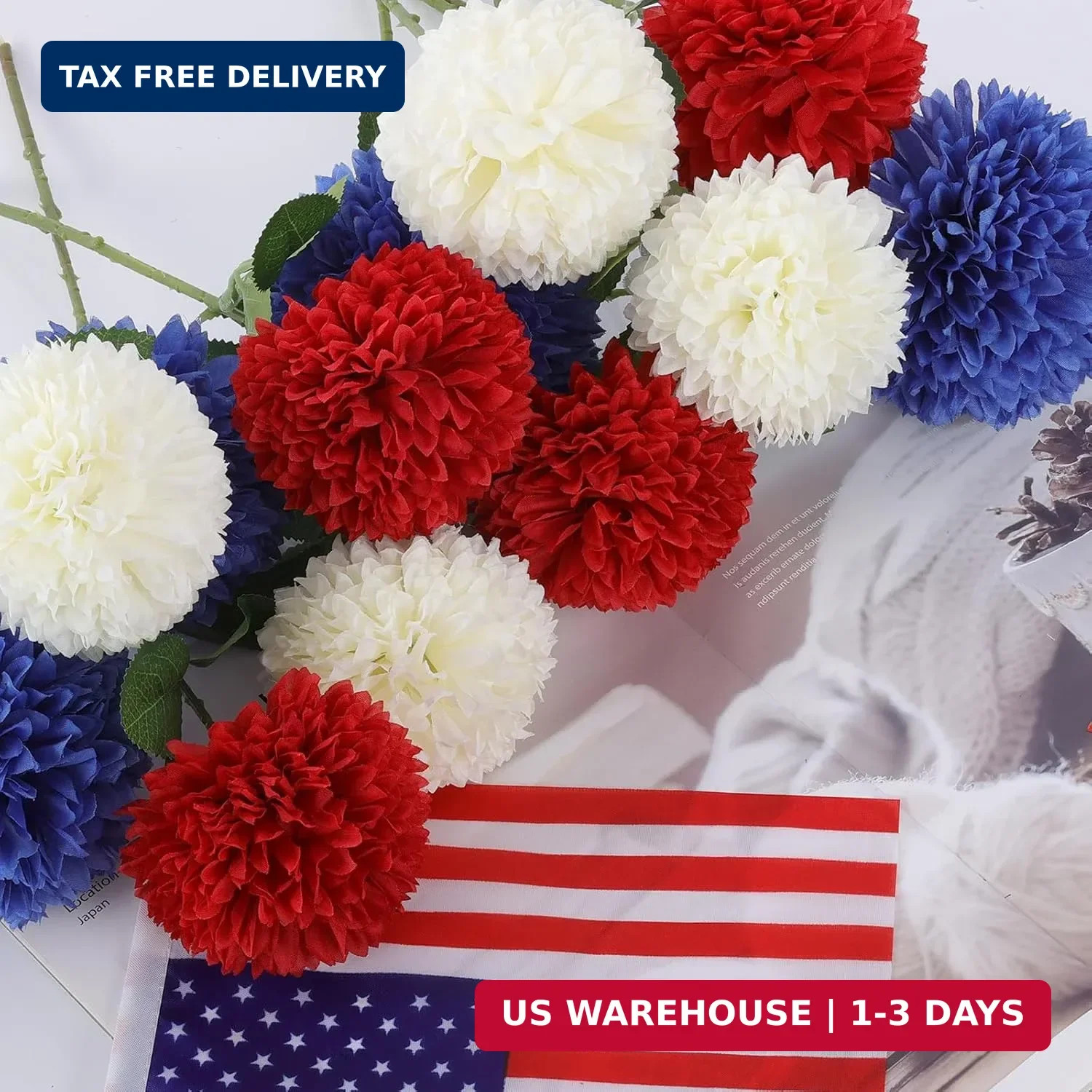 Hananona 12 Pcs Artificial Chrysanthemums Flowers Patriotic Flower, 4th of July