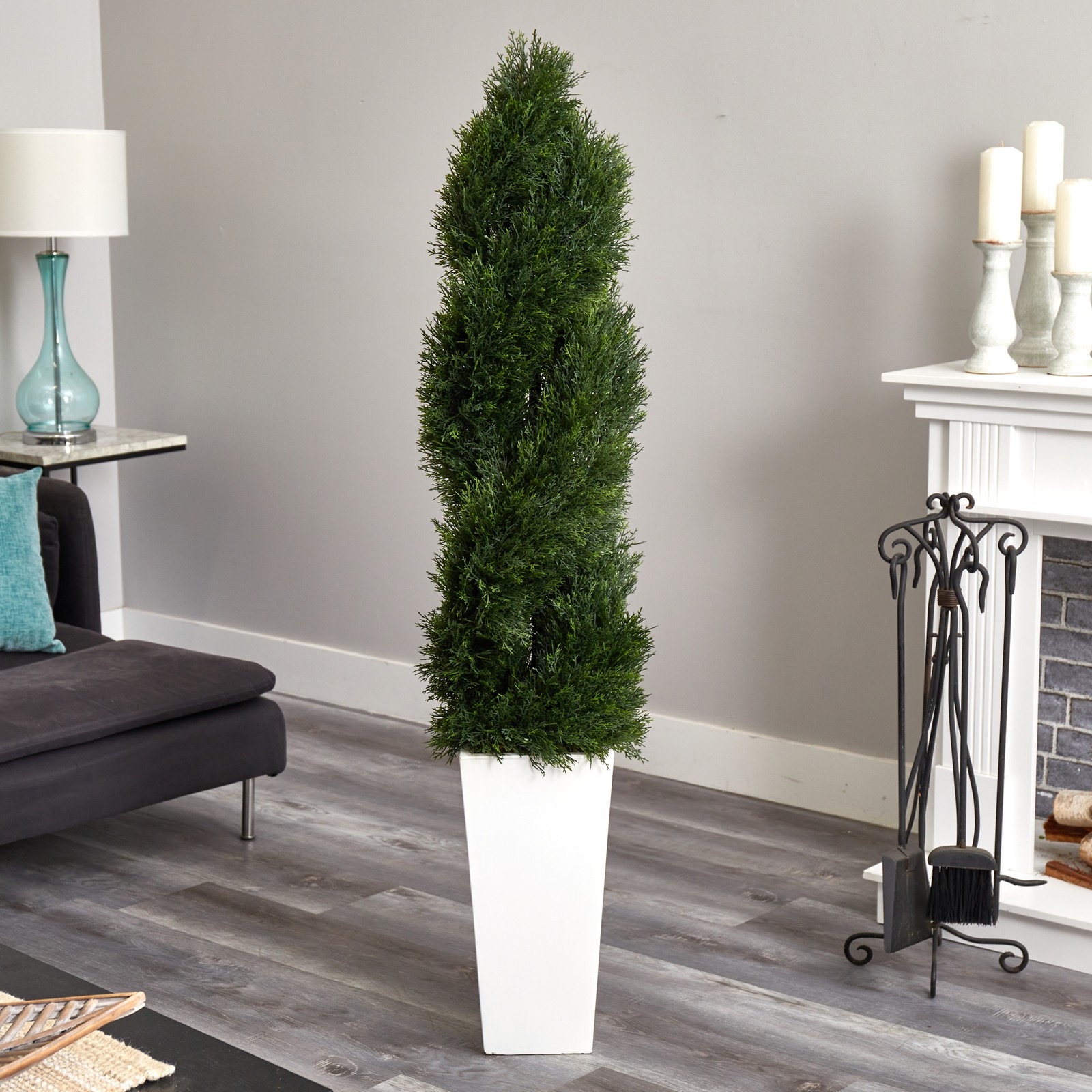 Nearly Natural 5.5ft Spiral Pond UV Resista Cypress Tree in White Tower Planter