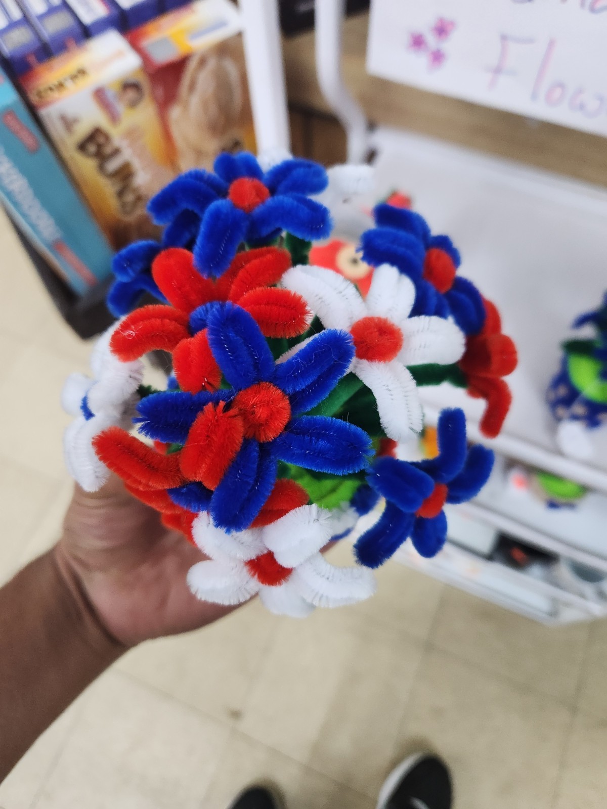 Hand Made Flower Pot Arrangement & Centerpiece, Red White Blue Green