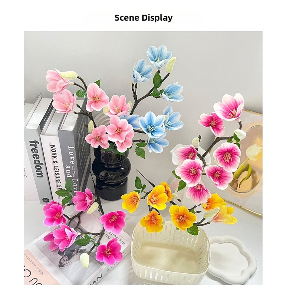 7-Bloom Magnolia Artificial Flower Stem Plastic for Table Shelf Display