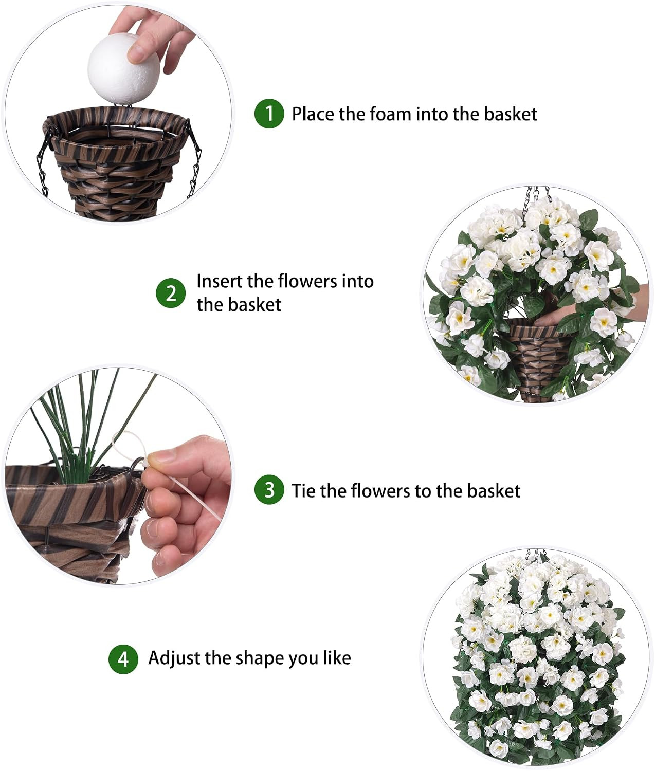 UV Resistant Fake Geraniums Hanging Basket for Outdoor Decor – White