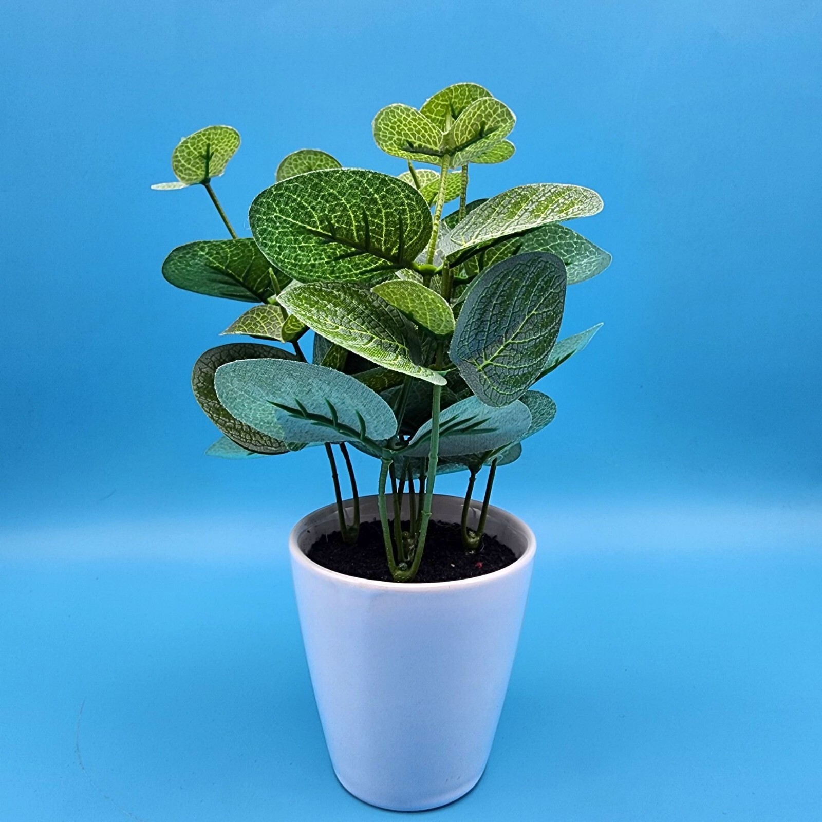 Faux Eucalyptus Potted Plant In White Ceramic Pot 8″ H Realistic Green Leaves