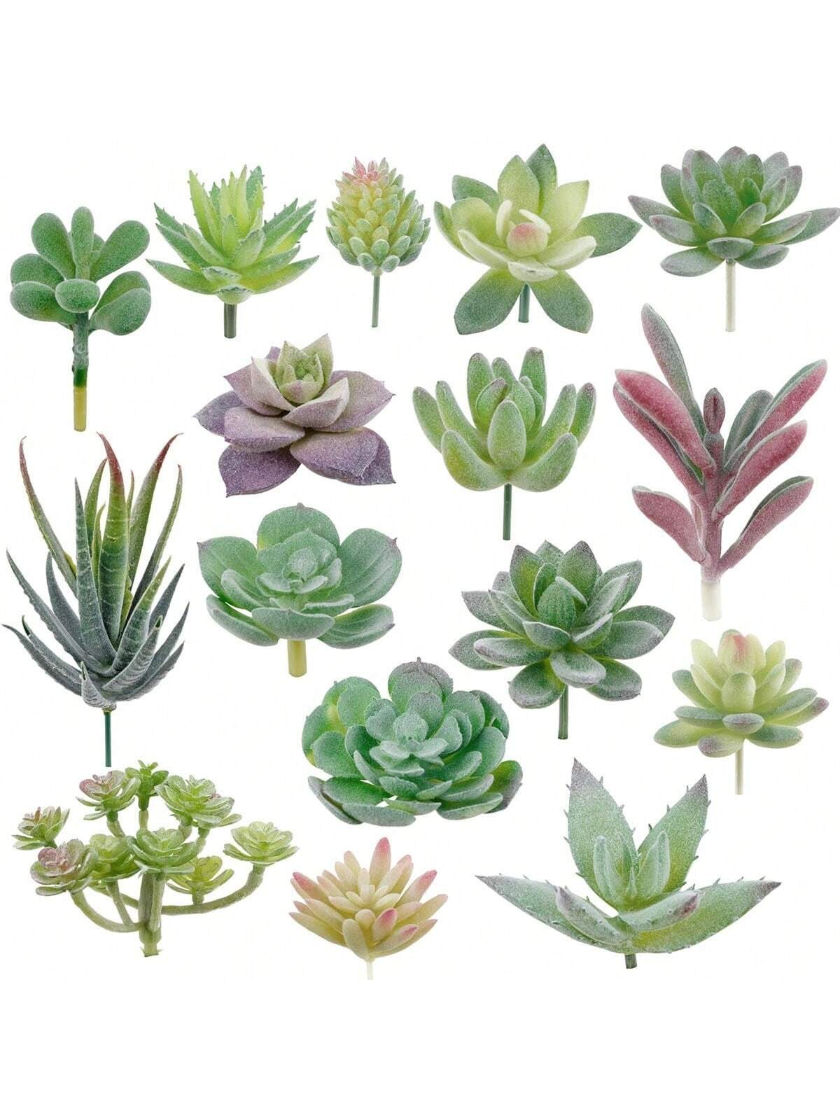 16Pack Flocked Green Floral Mini Artificial Succulents Fake Succulent Plant Set