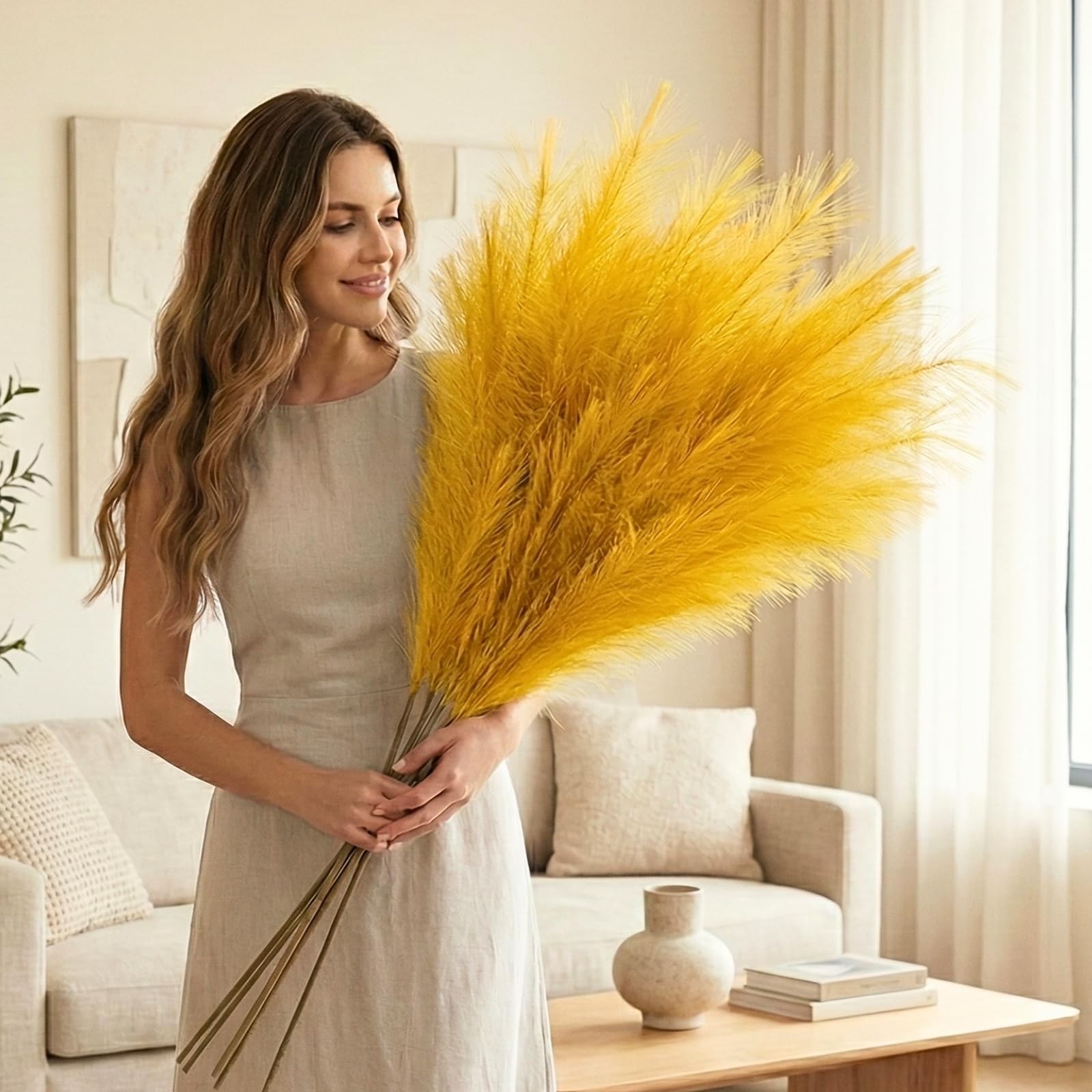 Gold Pampas Grass Decor, 3 Stems x 115cm/45in