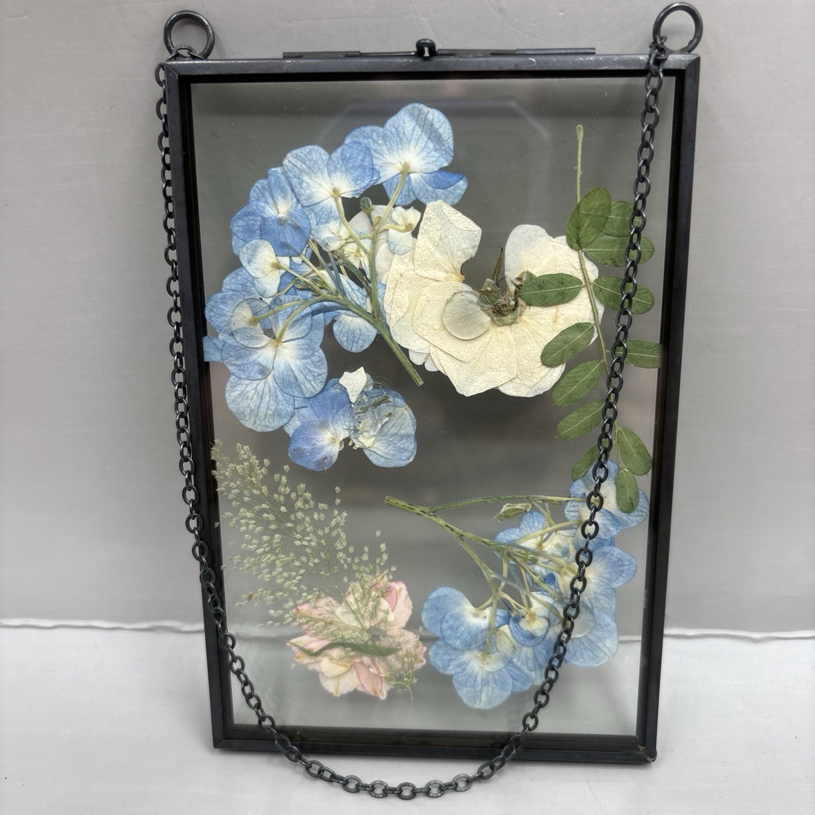Vintage Lasting Impressions Real Dried Pressed Flowers In Glass W/ Metal Frame