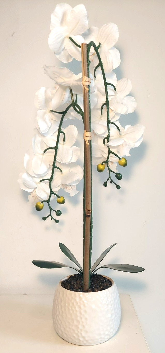 Potted Artificial Large Artificial Silk Orchid Flower Plant In White Pot, 23″ H