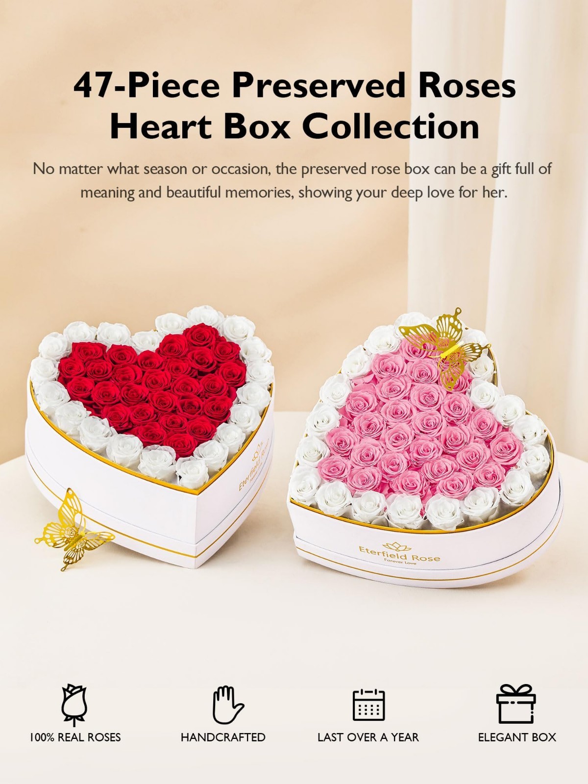 47 Preserved Roses Heart Box – Forever Flowers Gift for Her, Mom, Wife, Annivers