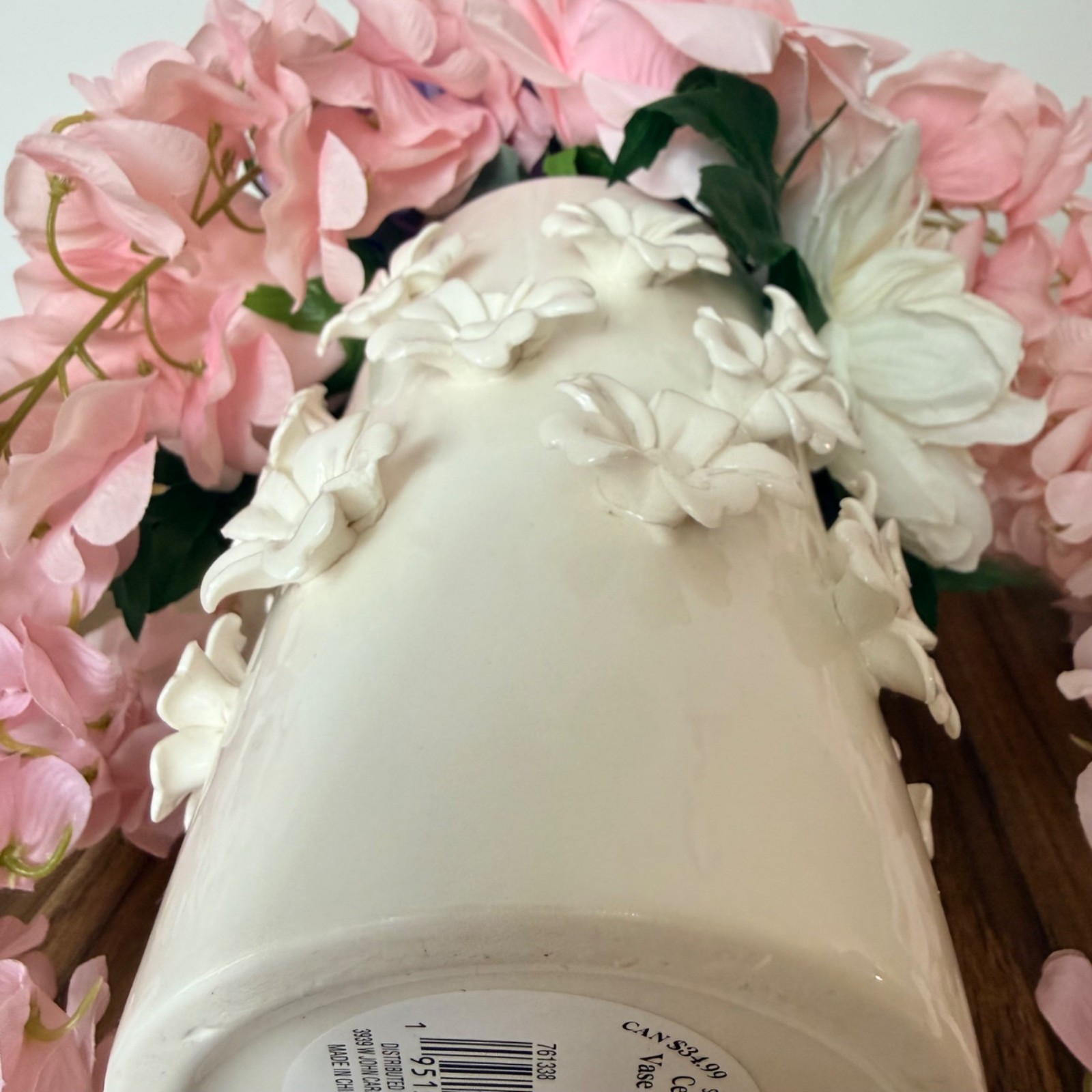 Pink Silk Floral Arrangement White Daisy Ceramic Vase Hydrangea Dahlia Decor