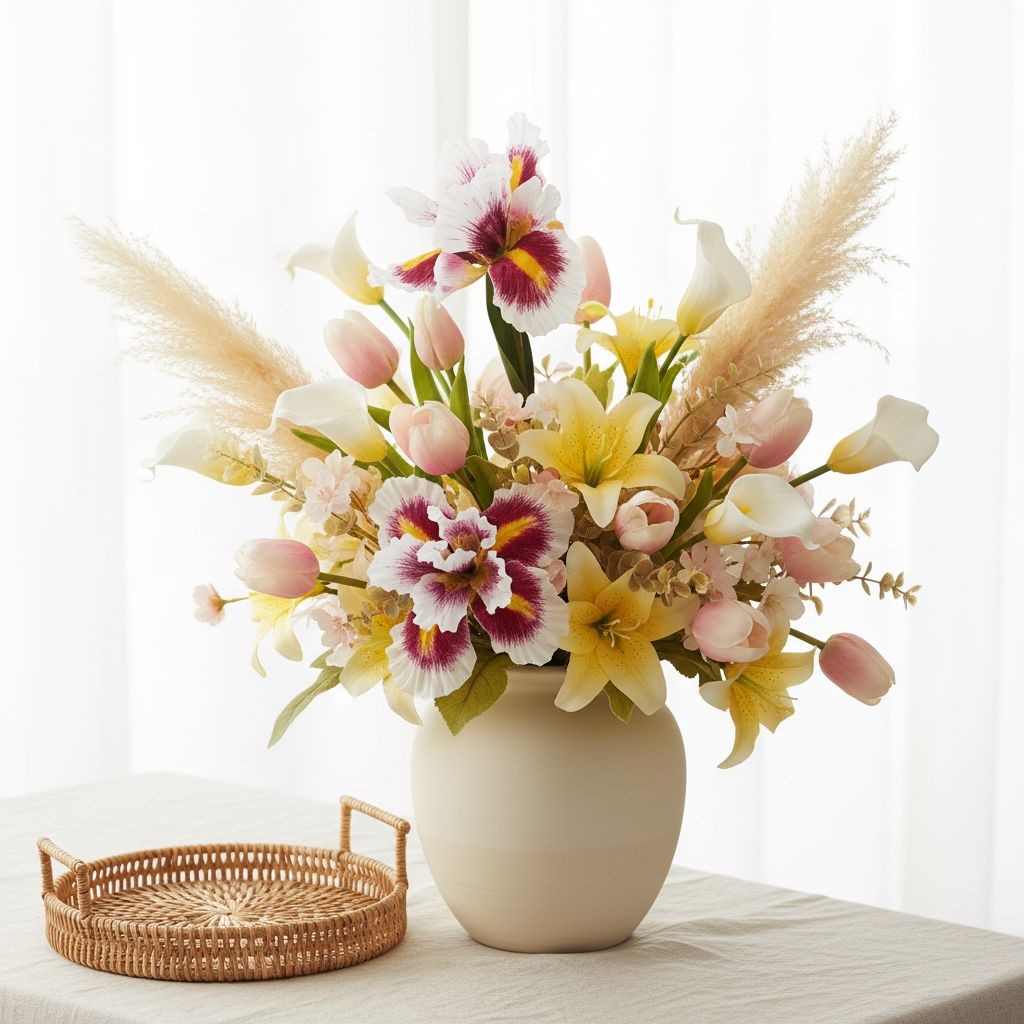Faux Iris Flower Stems White Pink Yellow Floral Stems Artificial Flowers Cottage