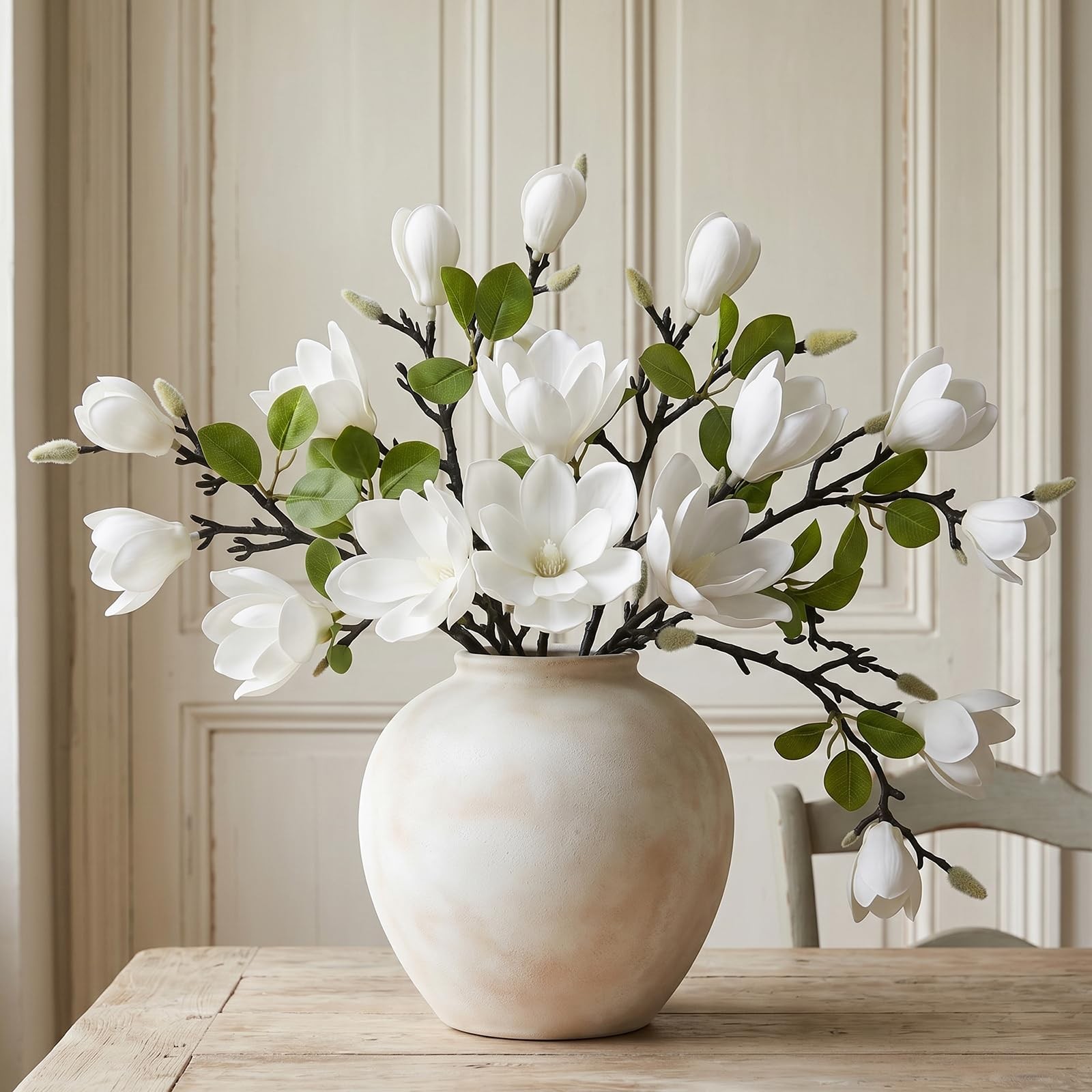 Set of 4 Artificial Magnolia Flowers, 25 Inch White Fake Flowers Branches | R…