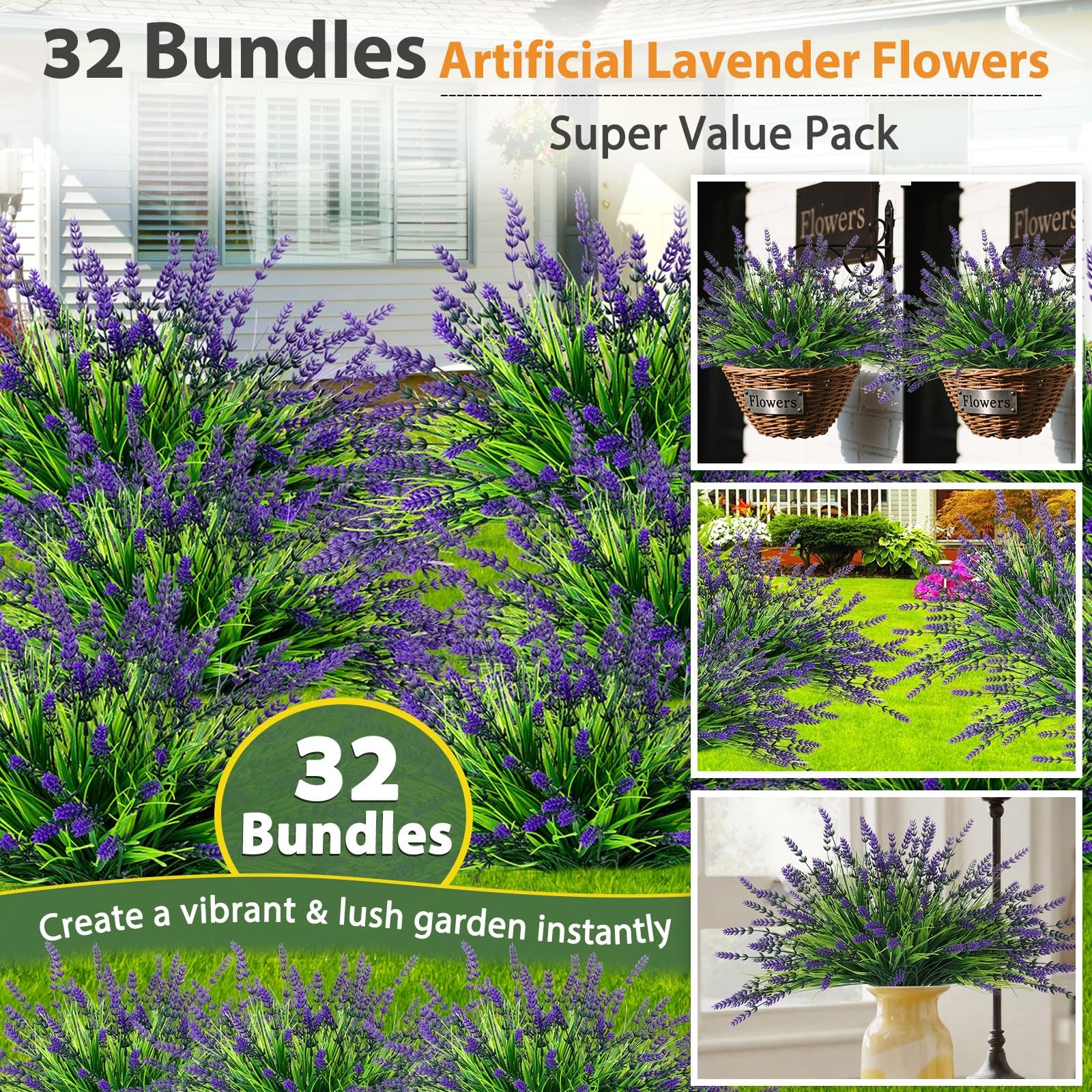 Faux Lavender Plants 14.5″ Height, 32 Bundles UV Resistant – Outdoor Garden