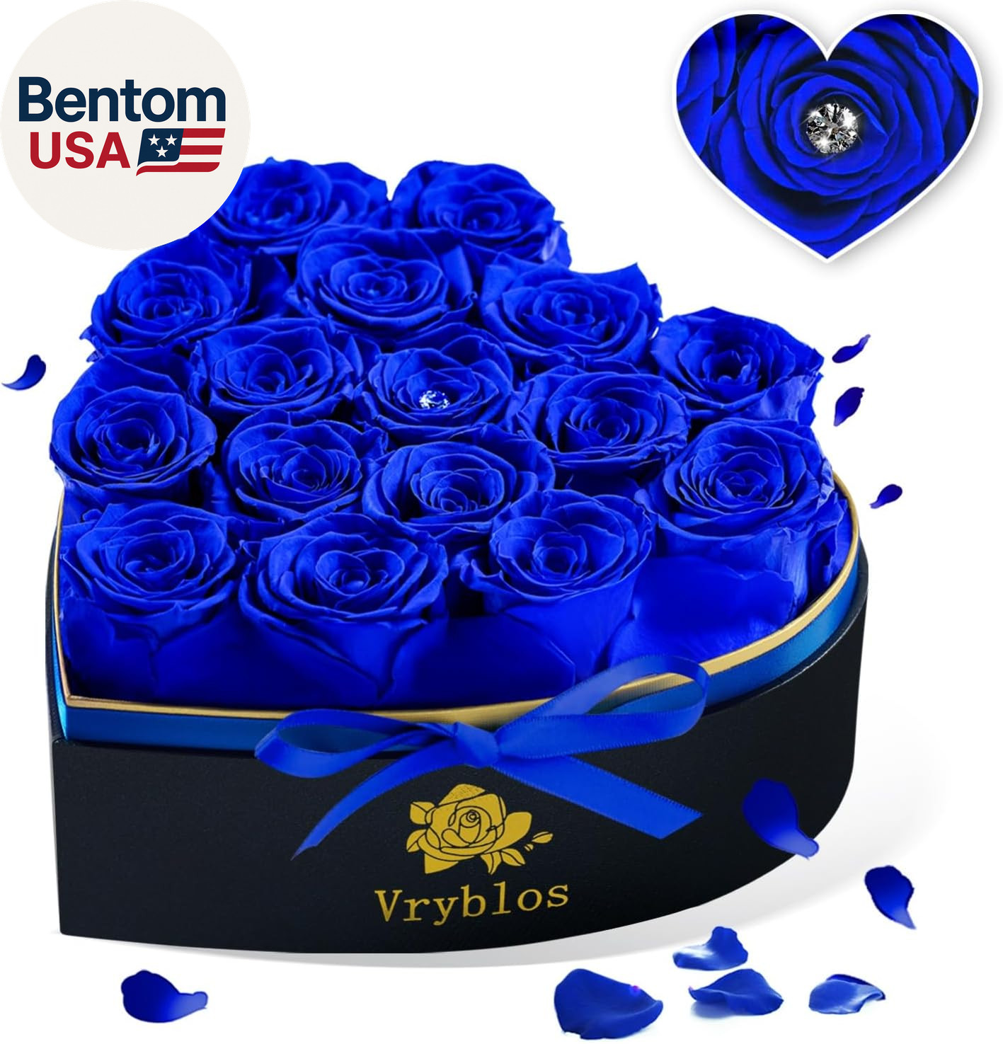 Forever Blue Roses in a Box Heart Shaped 16 Preserved Flowers for Delivery Grade