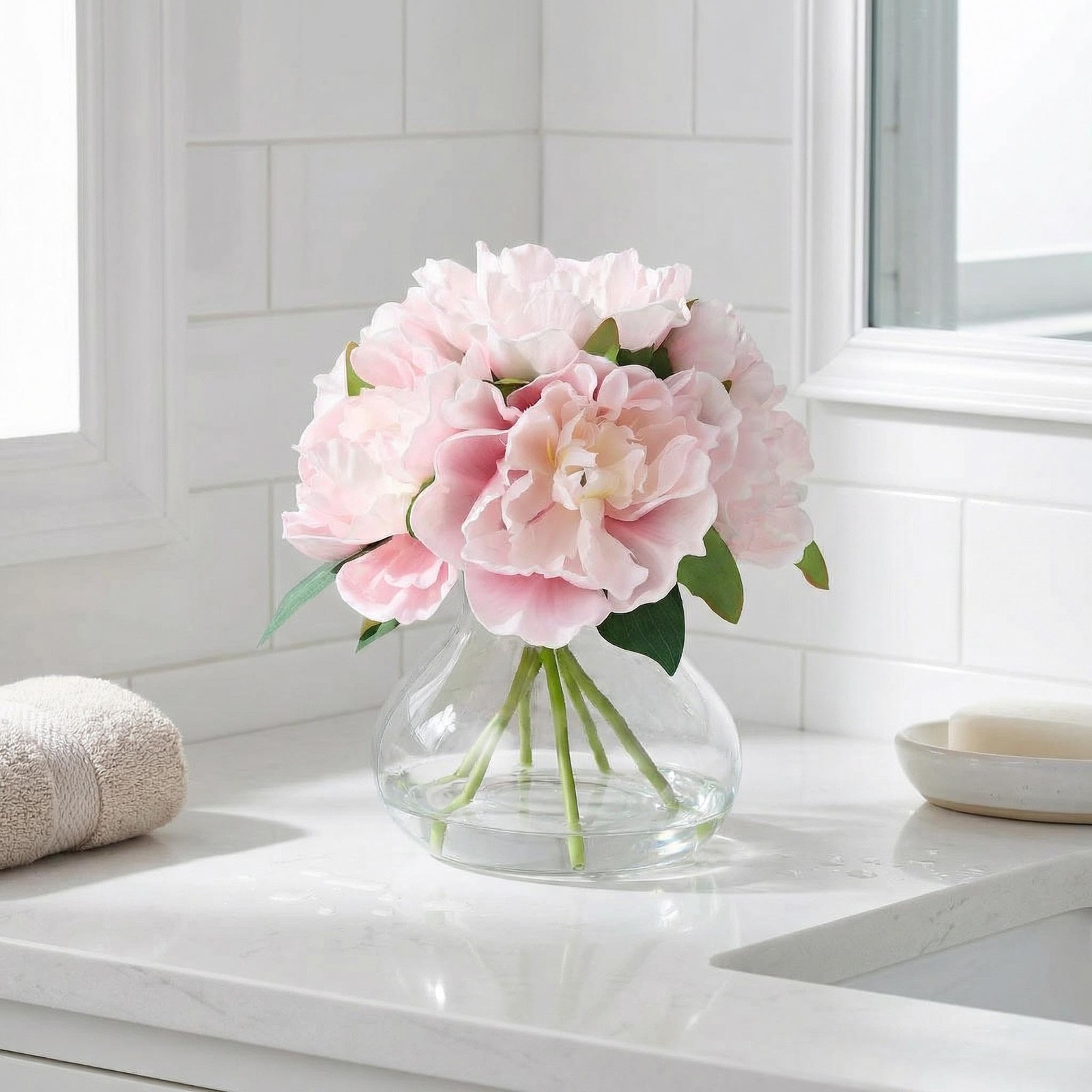 Pink Peonies Artificial Flowers with Glass Vase, Silk Faux Peony Flower Arran…