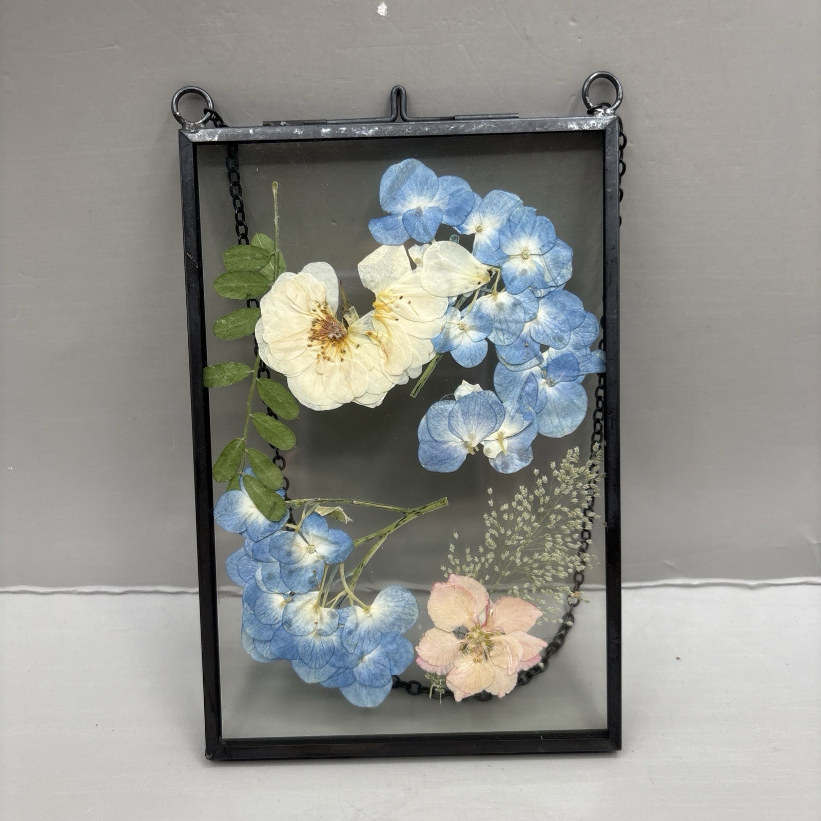Vintage Lasting Impressions Real Dried Pressed Flowers In Glass W/ Metal Frame