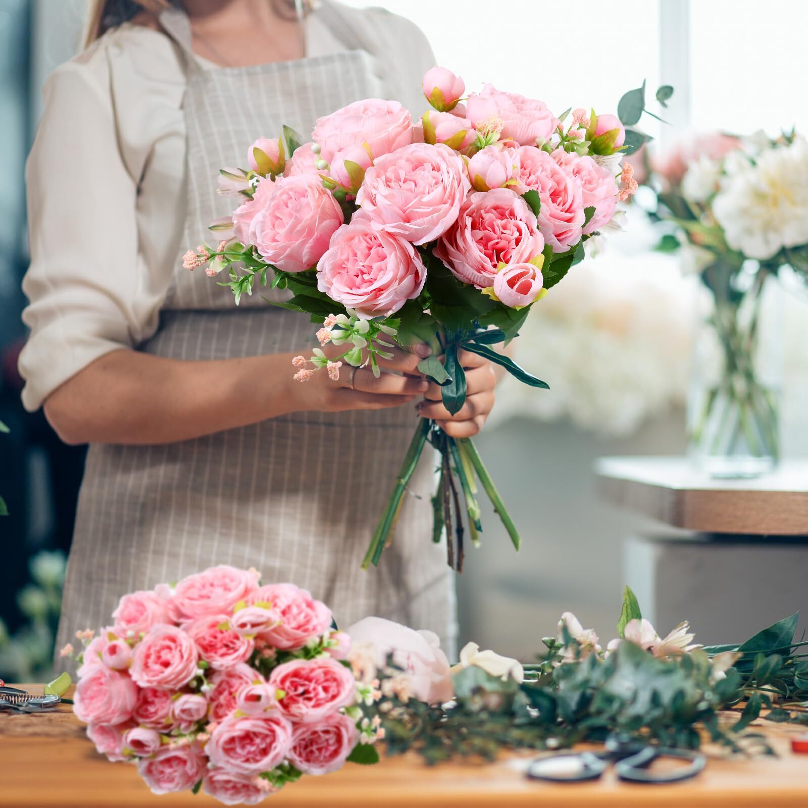 Pink Artificial Peonies 8 Bundles Silk Flowers Faux Peony Bouquet Bulk