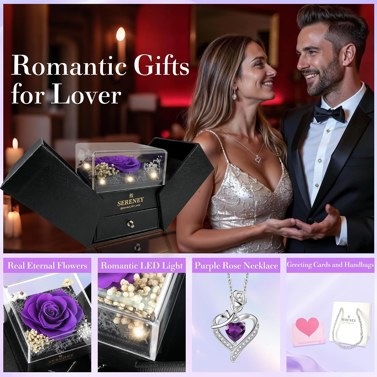 Preserved Purple Flower Rose with Necklace, Forever Flowers Eternal